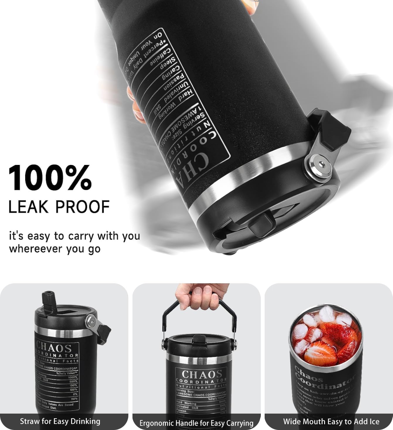Chaos Coordinator Tumbler with Handle and Flip Straw Boss Gifts Laser-Engraved Travel Mug Water Bottle Gifts for Boss, Women,Men Mom,Dad,Coworker,Manager,Workers,Colleague-30 oz(1PCS)