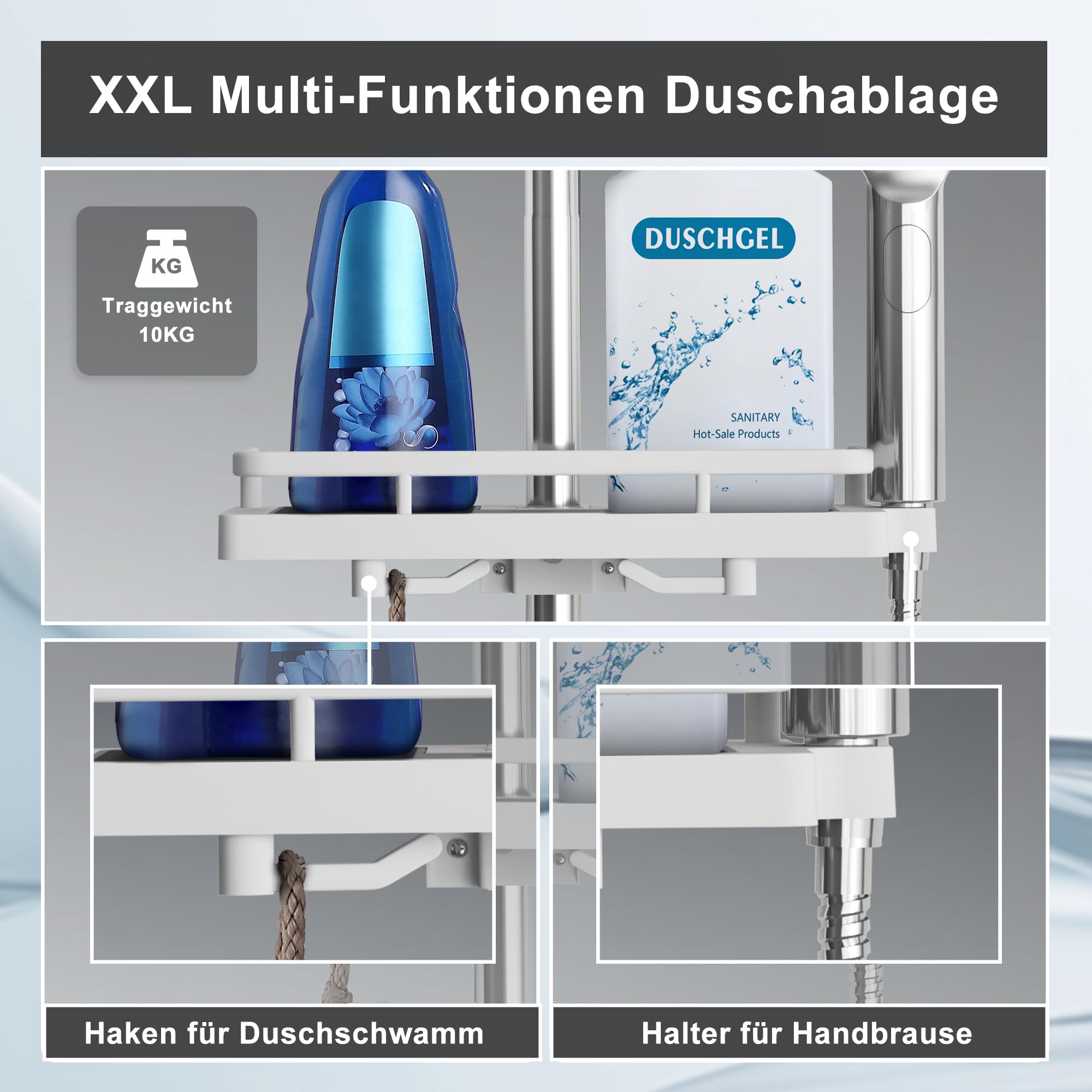 Görbach Colonna Doccia con Porta Ogetti Mensola Acciaio Inox Asta Doccia 70cm, Set Asta Doccia Saliscendi con Supporto Soffione Regolabile Cromo
