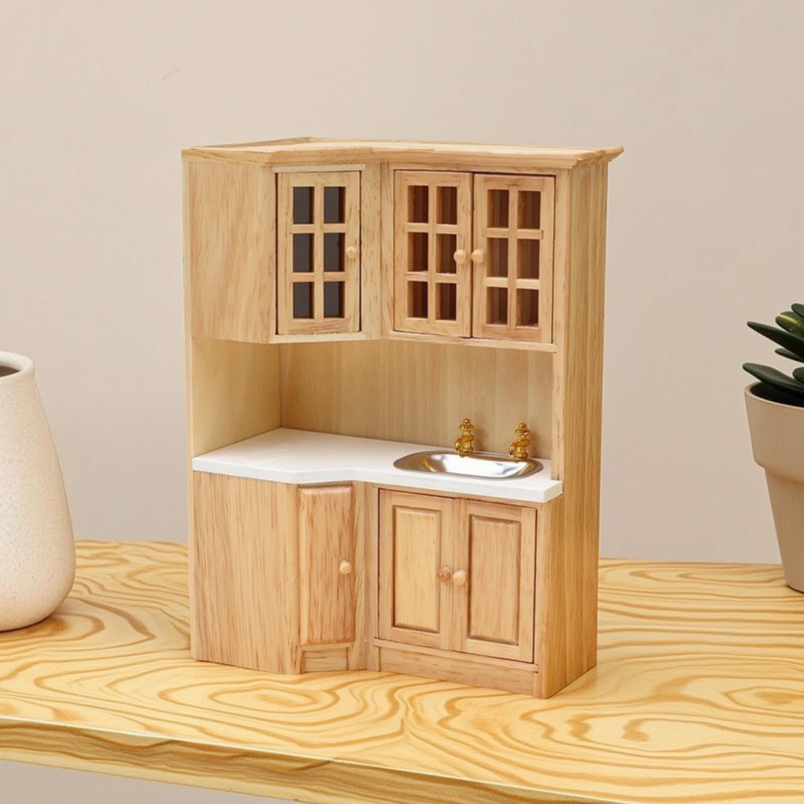 Colcolo Casa de Muñecas Miniatura Armario Alacena Mueble Cocina con Compartimento de Horno y Pomos Pequeños Redondos Madera de Escala 1 12 Adecuada para