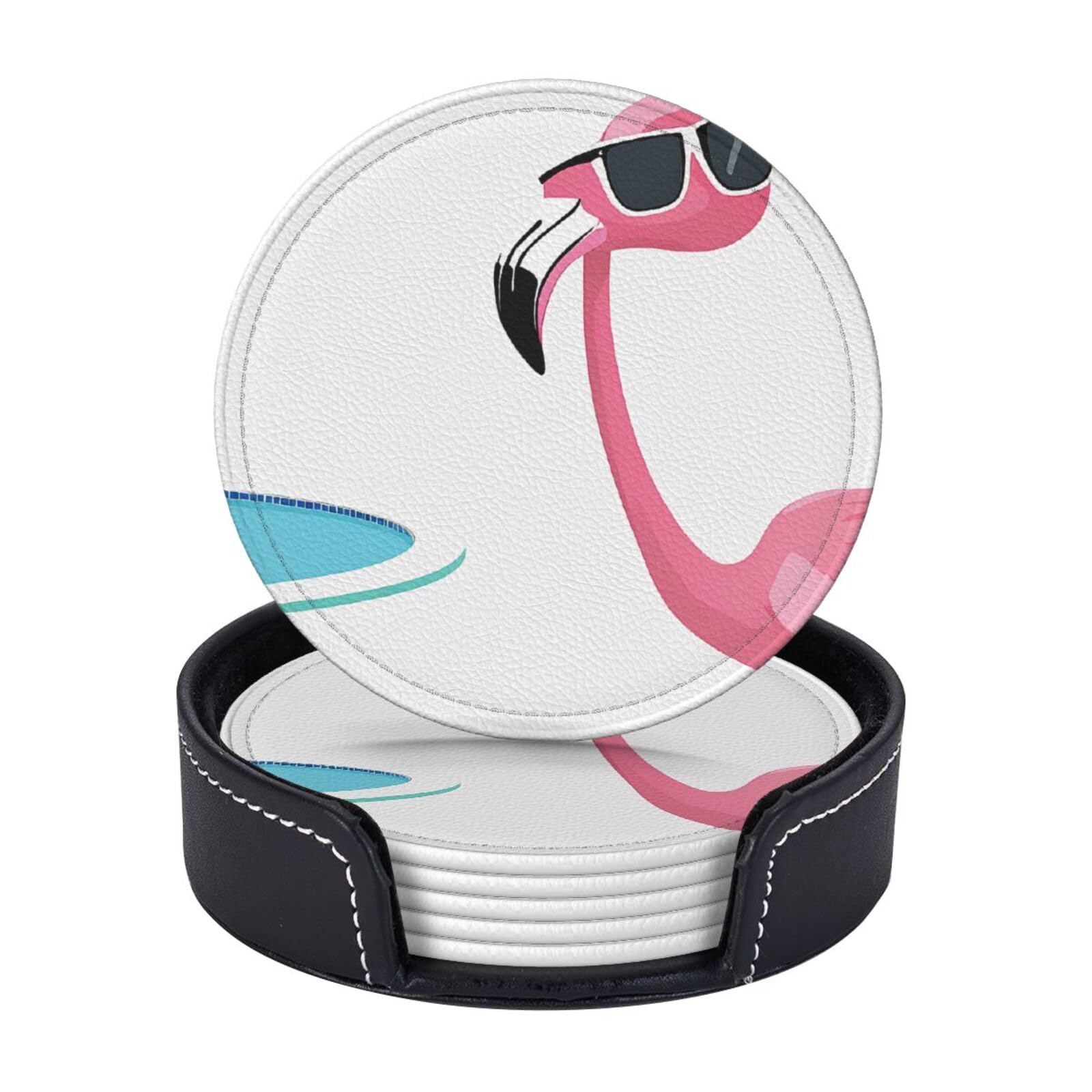 Coasters Set of 6 Microfiber PU leather Coasters with Holders for Drinks Coffee Bar Accessories, House Apartment Coffee Table Decor, Housewarming Gifts - Hello Glasses Flamingo