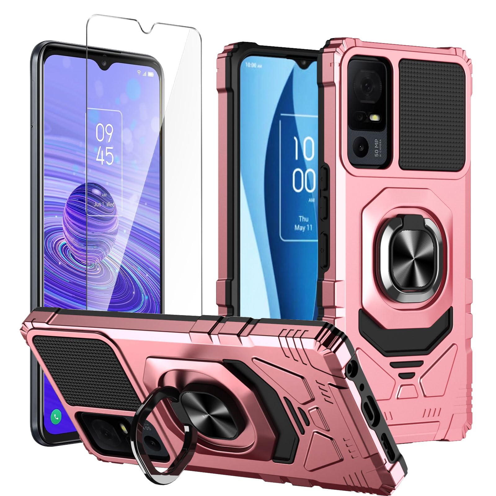 LYZXMY Case for TCL 40R 5G (6.6") + Tempered Film Glass Screen Protector - Full Body Heavy Duty Shockproof Hard PC Soft TPU Bumper Protection Cover Rosegold