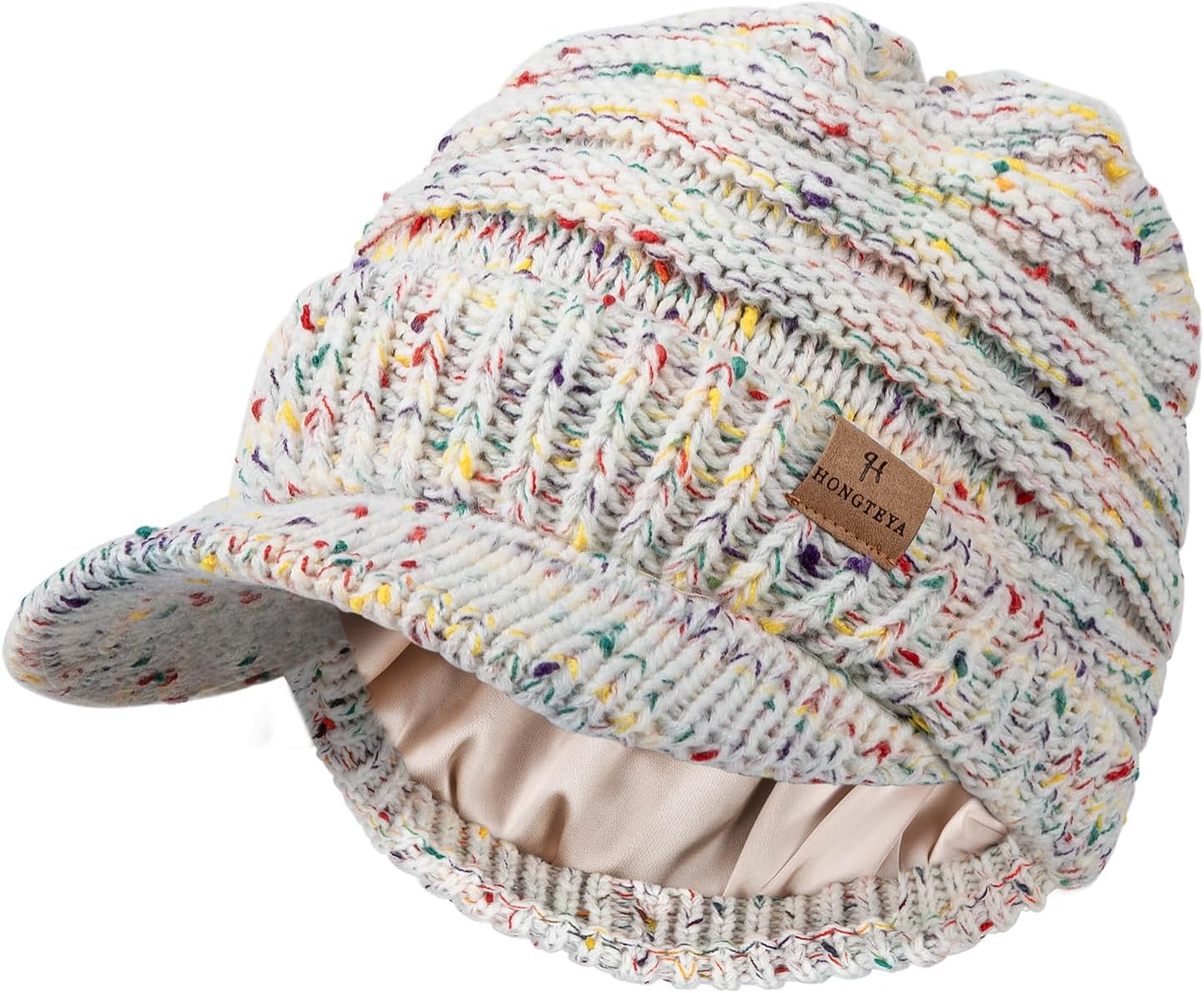 HONGTEYA Satin Lined Winter Beanies Hats for Men Women Knit Beanie with Brim Visor