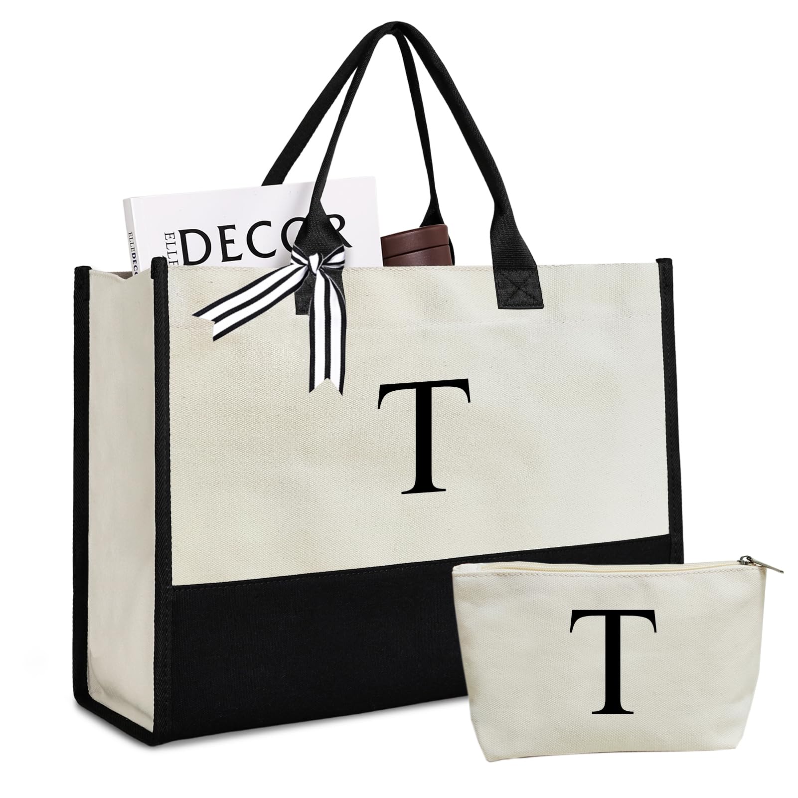 Lamyba Bolsa de lona con inicial personalizada, bolsa de playa con monograma para mujer, blanco y negro, letra T