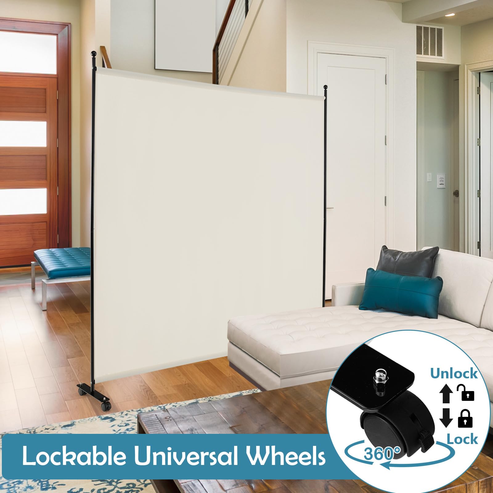 LIFEZEAL Biombo de 1 Panel, Separador para Interior, Exterior, Biombo Móvil Pared Divisoria, Marco de Metal con 4 Ruedas, Protección de Privacidad, Separador de Espacio, Byobu, 184 x 184 cm (Beige)