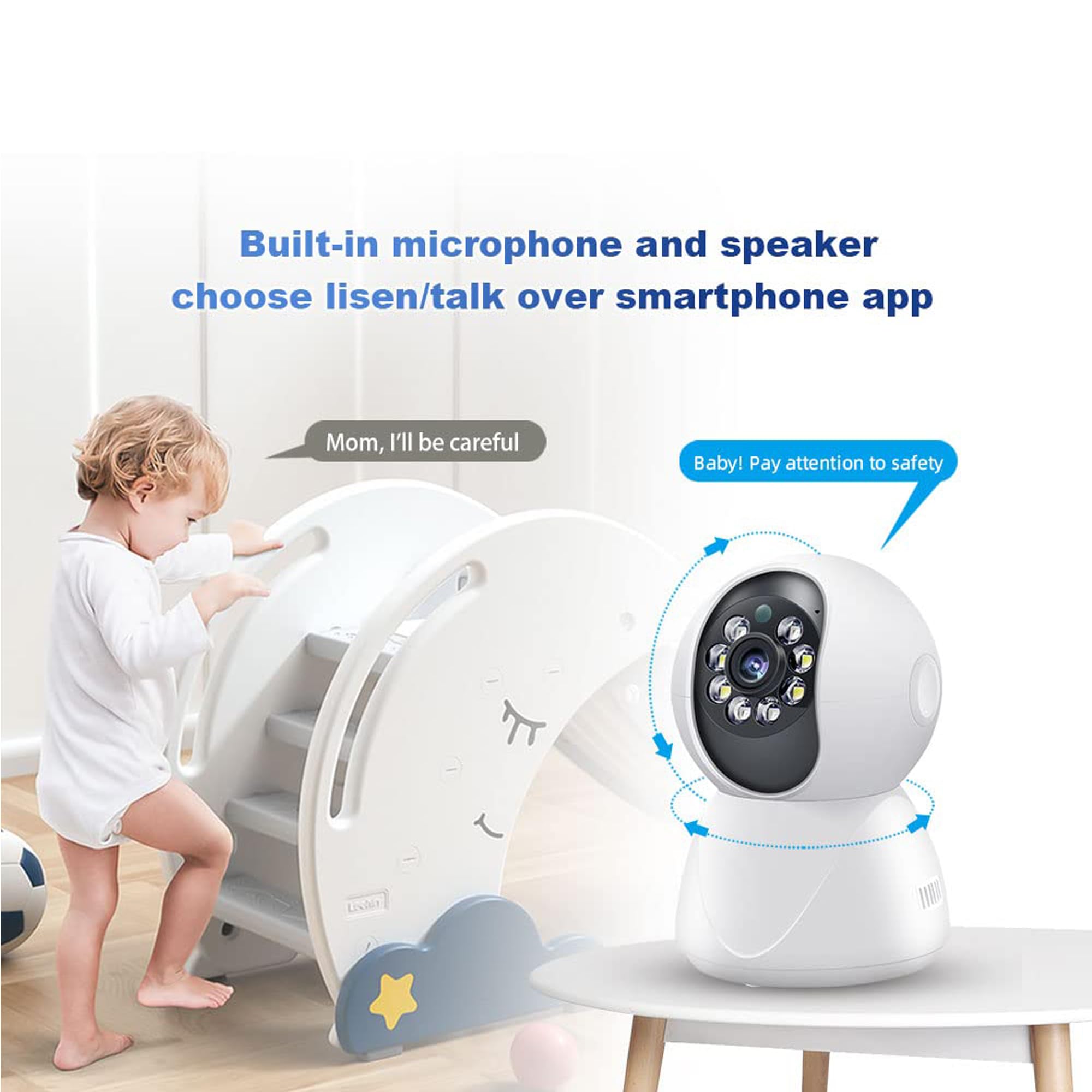 CareME 3MP 1296p Pan/Tilt Indoor Security Camera, Baby/Pet Monitor, Motion Detection, 2-Way Audio, SD Card Storage, White 1