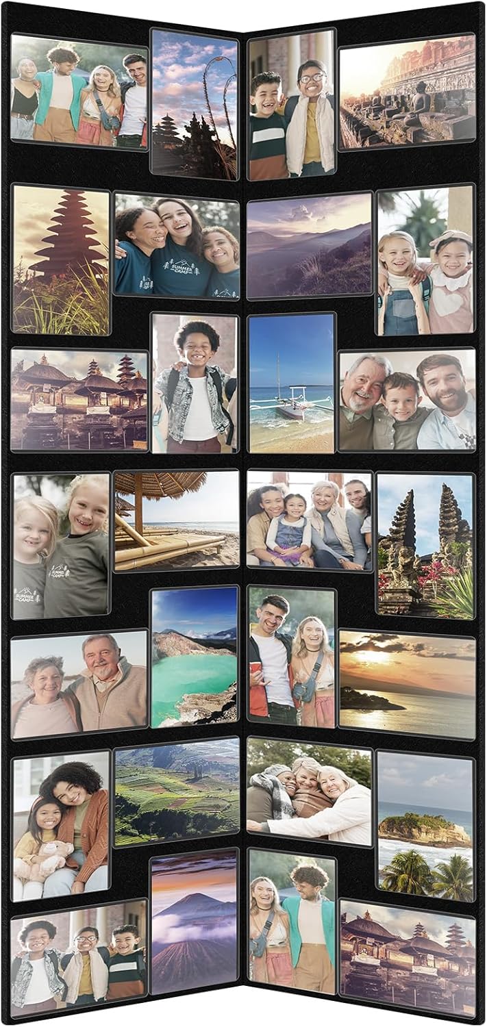 Qunclay Floor Standing Collage Picture Photo Frame Decorative 32 Openings 4 x 6 Inch Hinged Folding Partition Screen Style Picture Frame Black Felt Multiple Photo Display Board for Wall Corner