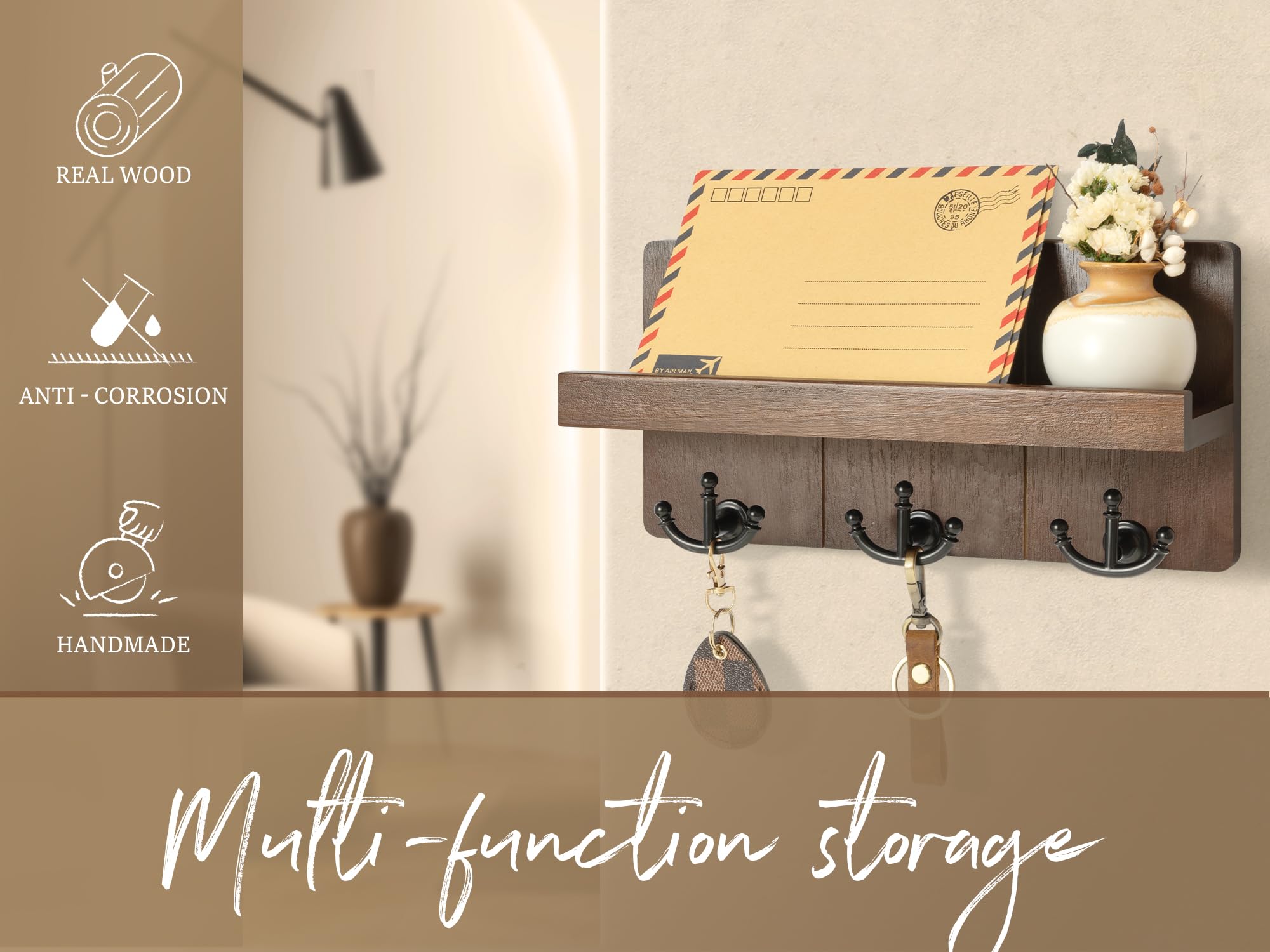 Portachiavi Da Parete Con Mensola E Ganci, Rebee Vision, Colore Marrone Chiaro, Organizer Per Posta E Accessori