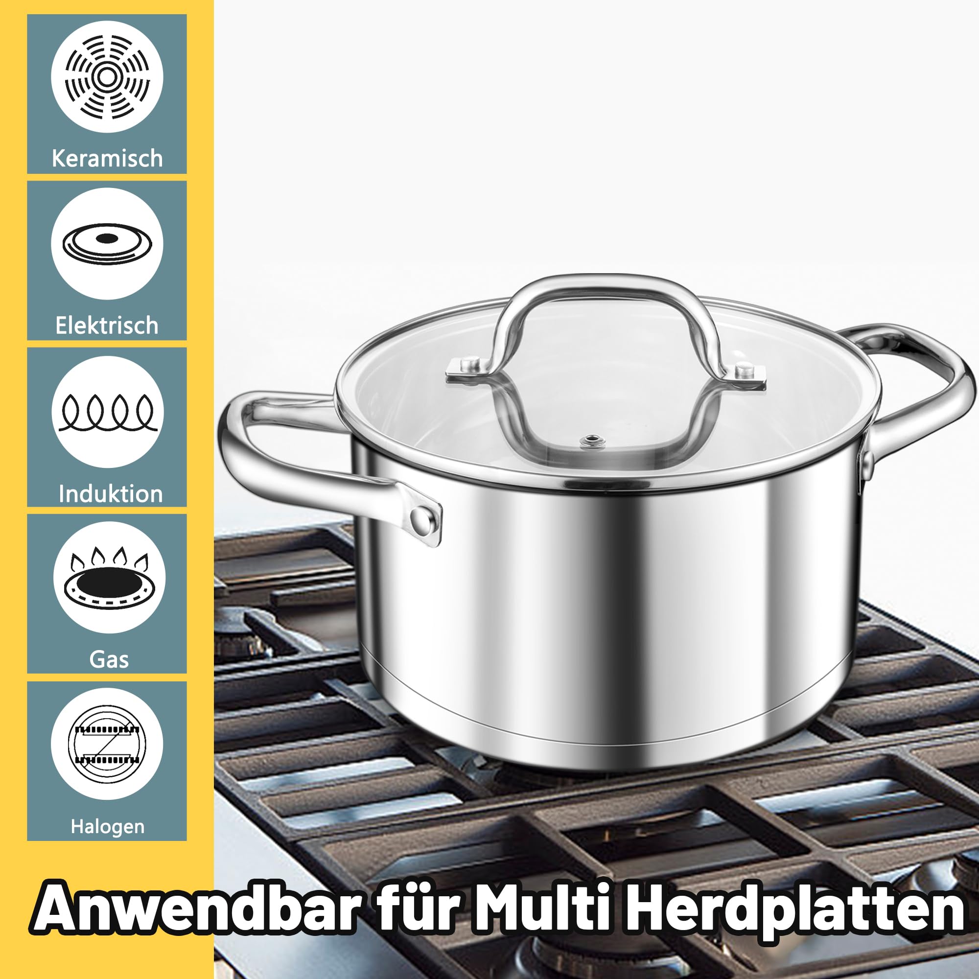 TEAMFAR Kochtopf Groß, 7,6 Liter Edeastahl Topf Suppentopf Induktion, Glasdeckel, 3-Lagen Boden für alle Herdarten, 26cm Nudeltopf Fleischtopf zum Kochen, Unbeschichtet & Ungiftig, Spülmaschinenfest