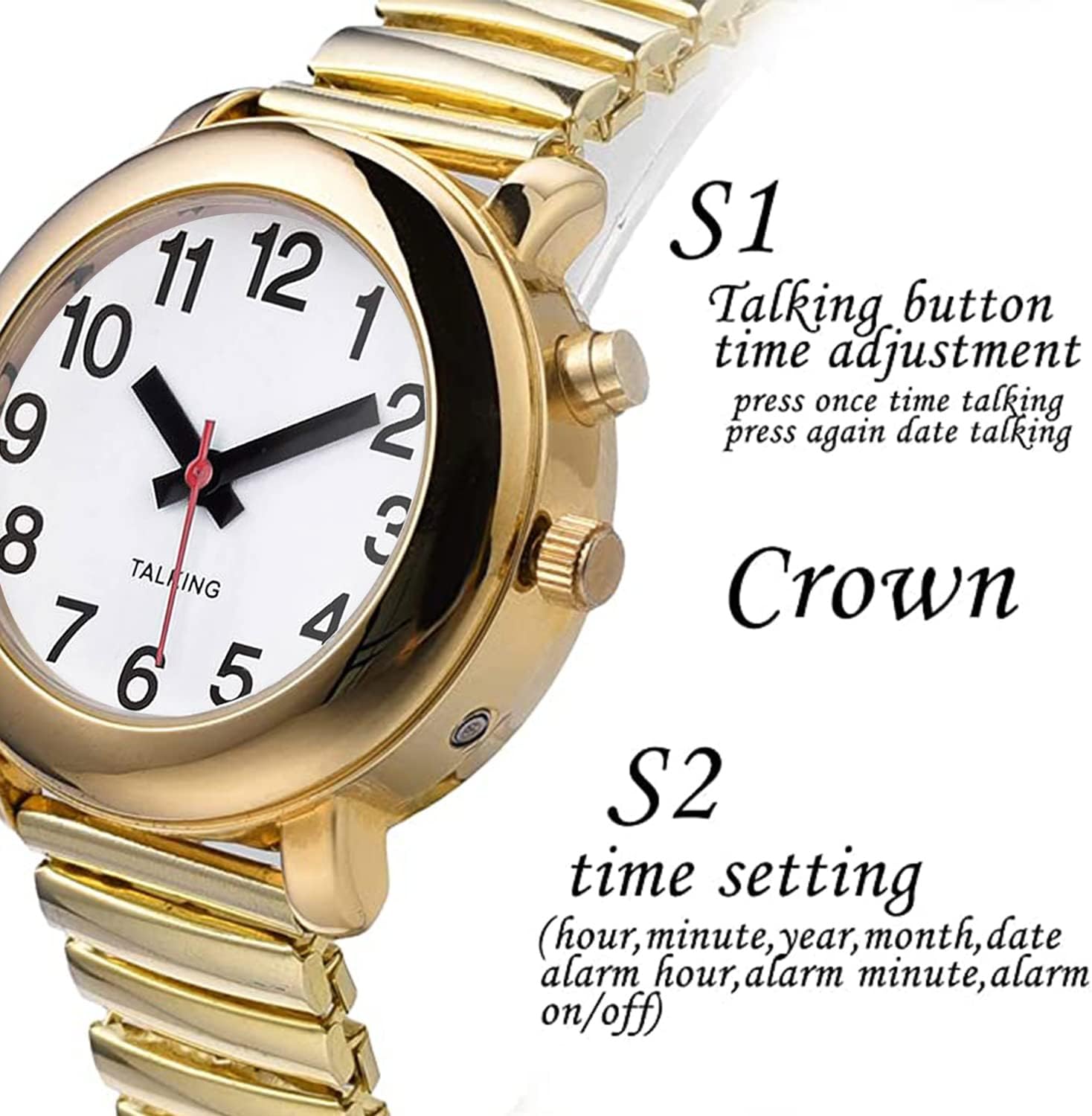 Strona view of ViLoSa Talking Watch showing S1 button, Crown, and S2 button