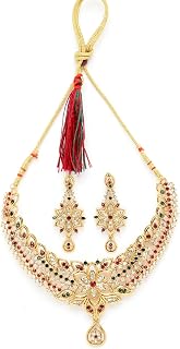 Sukkhi Pleasing Gold Plated Multicolor AD Stone Collar Bone Necklace Set And Earring | Jewellery Set For Women (NS105515) Price In India