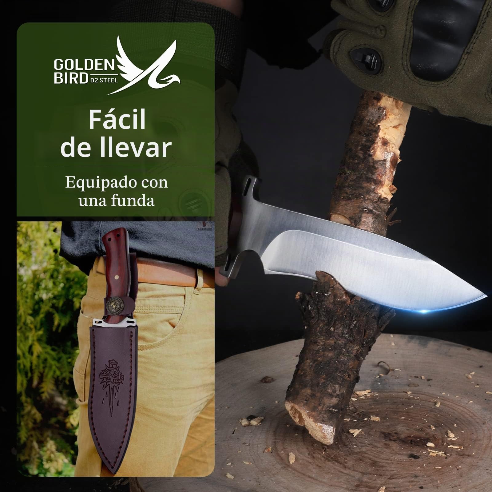 Golden Bird Cuchillo de Caza Cuchillo Bushcraft con Funda | Hoja de Acero D2 Cuchillo de Supervivencia de Hoja Fija Cuchillo Bowie con Mango de Palisandro