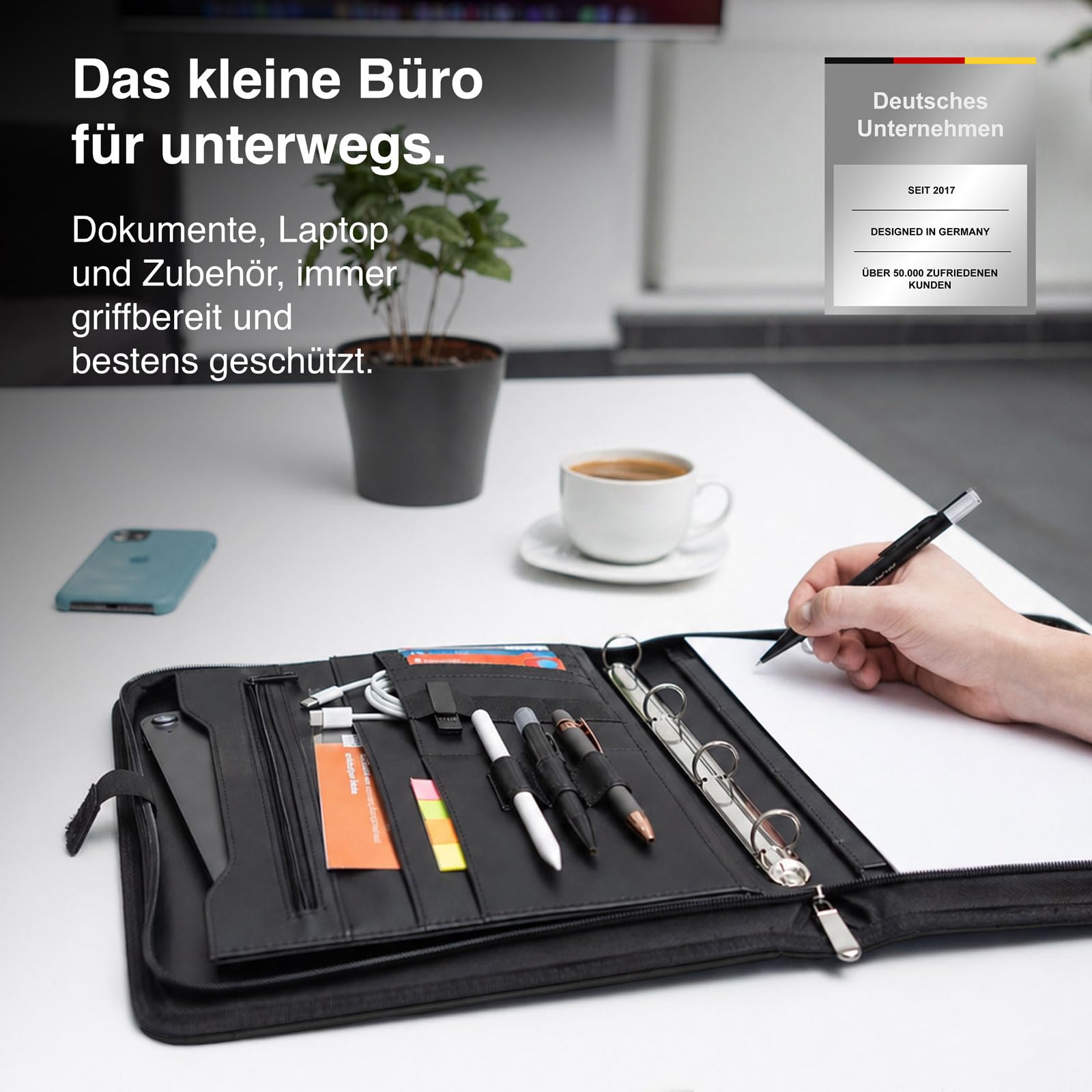 Vebon® Carpeta de anillas A4 "Berlin" I con cremallera + portapapeles I Carpeta de conferencias + funda para ordenador portátil I espacio extra I Negro I piel sintética, Gris Fantasma, moderno