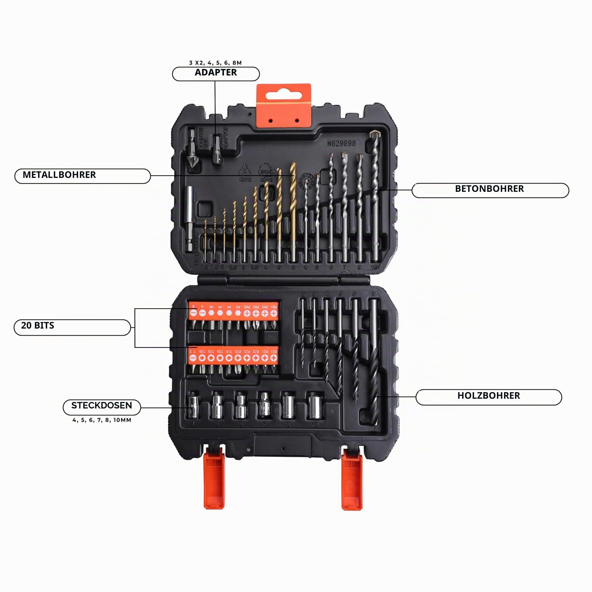 BLACK+DECKER Bohrer & Schrauber Bitset (50-teilig, Titanium Metallbohrer 1,5-6mm, Steinbohrer 4-10mm & Holzbohrer 3-7mm, Schrauberbits, Stecknüsse, Magnet Bithalter, Senker) A7188