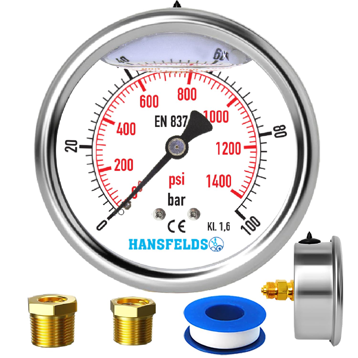 Hansfelds Pressure Gauge 0–100 bar/psi, 63 mm Dial, Stainless Steel Case, Brass G1/4" BSP Back Connection, Liquid Filled (Glycerin Filled), Accuracy 1.6, incl. 2 Reducers to 3/8" and 1/2"