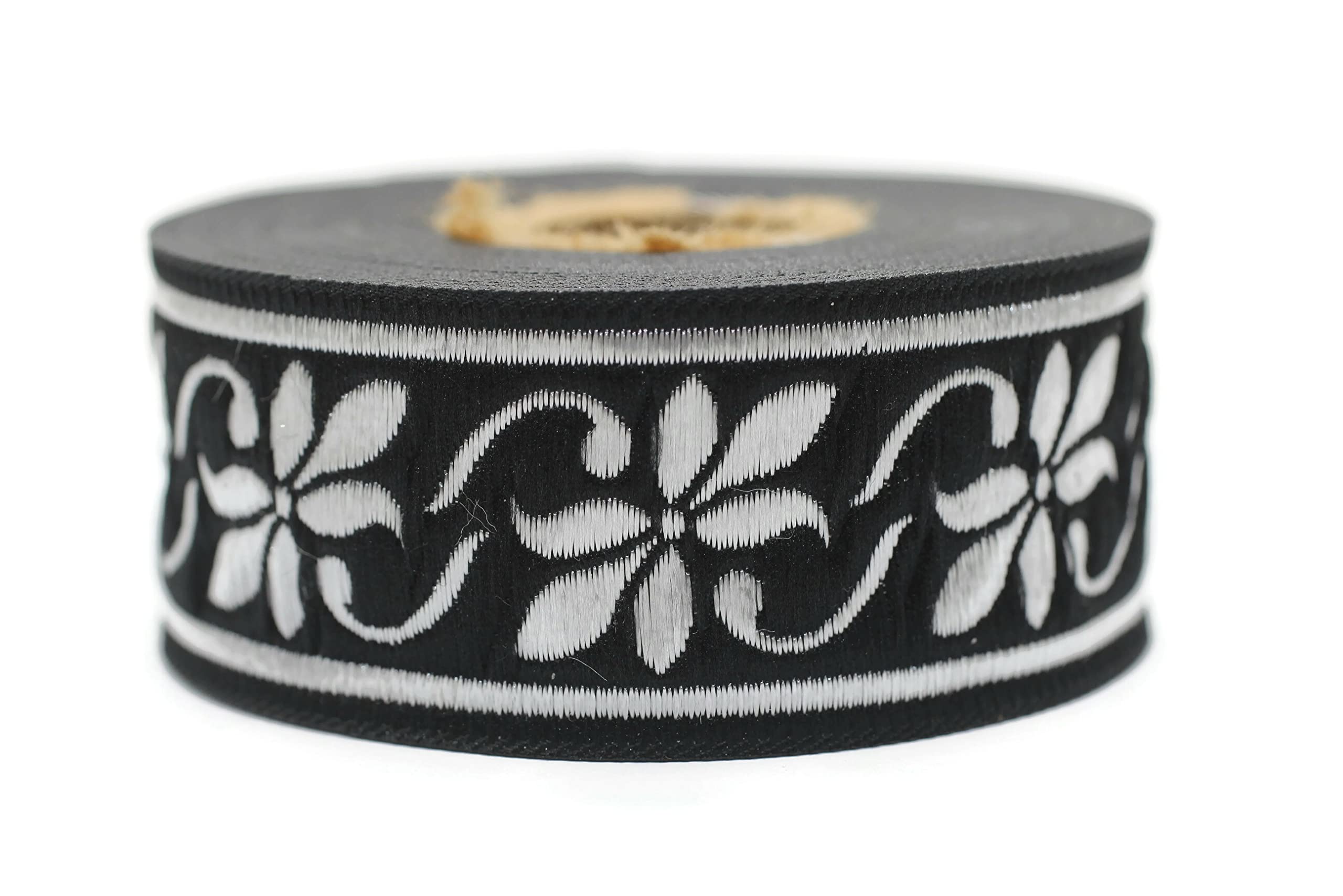Ruban jacquard motif fleur noir argent mercerie couture decoration