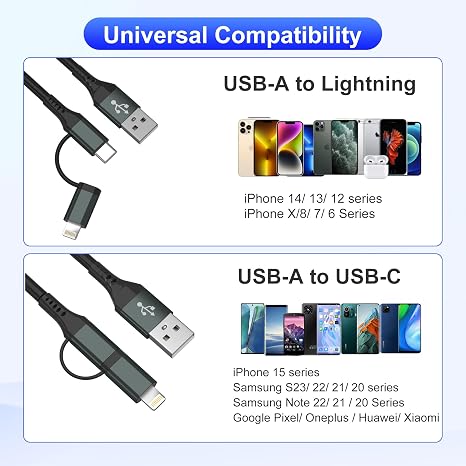 USB to USB C and Lightning Cable for Apple Carplay & Android Auto - USB C and Lightning Cable 2 in 1 Carplay Cable [MFi,3A,Data Sync] USB A to C & Lightning for iPhone17 16 15 14 13 12 11 Android,Grey