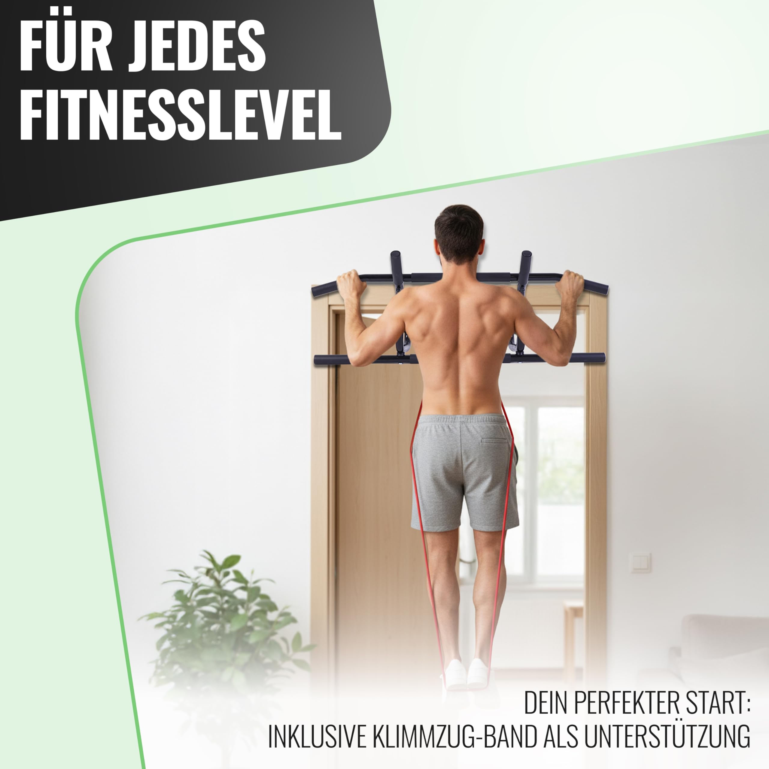 AthleticPro Klimmzugstange für Türrahmen ohne Bohren zum Einhängen – Stabile Pull Up Bar & Türreck [bis 90cm breite Tür] – Für Klimmzüge, Dips & Push-Ups inklusive Klimmzugsband