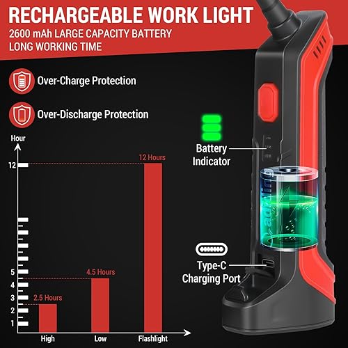 Miniatura 6 de Luz de trabajo de cuello de cisne, luz de trabajo LED recargable de 2600 mAh, 1000 lúmenes, linterna portátil con 3 modos de rotación de 180 y curva