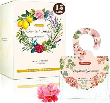 15 Packs Scented Sachets Bag for Drawers and Closets, Home Fragrance Sachet, Long-Lasting Hanging Closet Deodorizer Smell Goods for House Highland Geranium