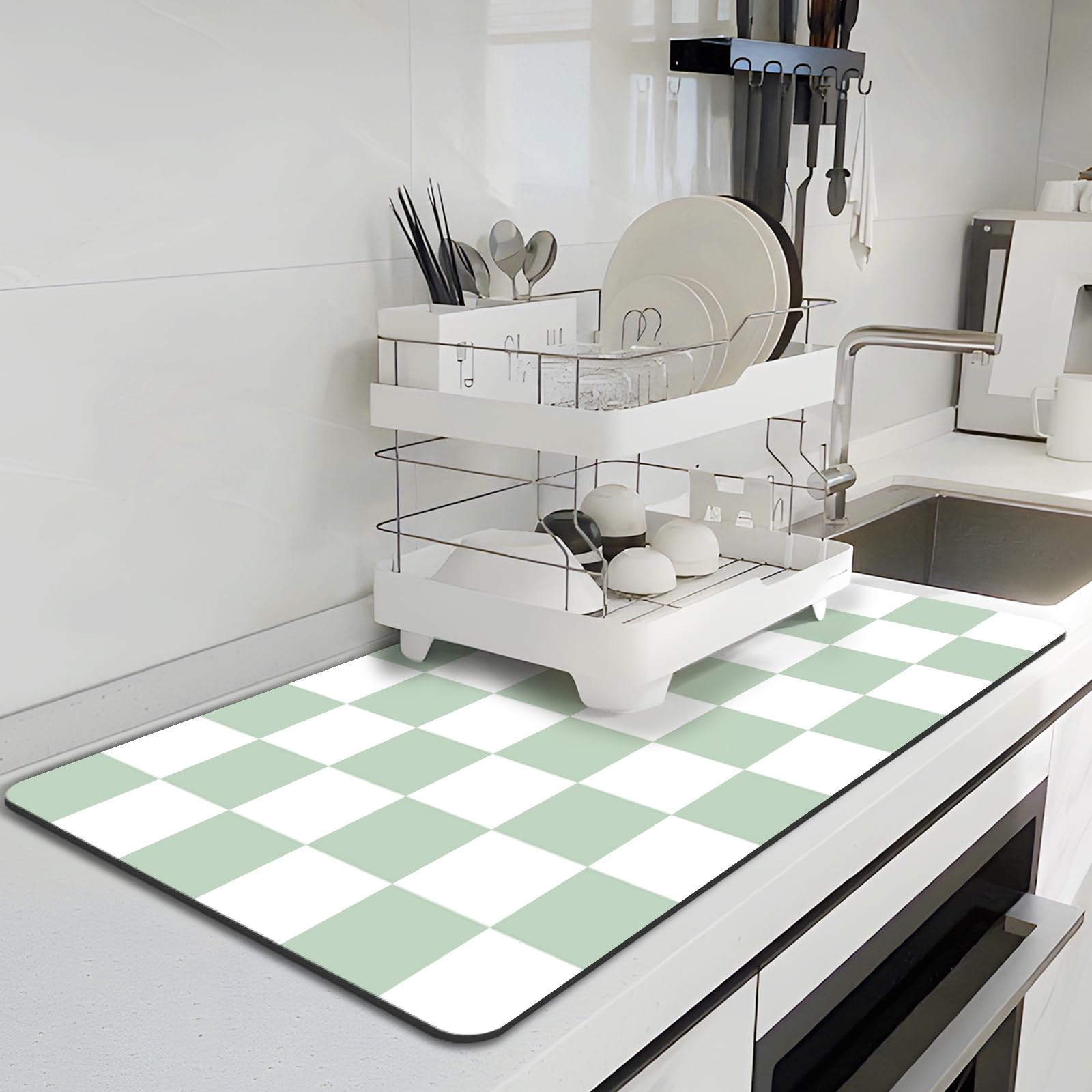 Checkered Dish Drying Mat for Kitchen, 40 x 60CM Coffee Bar Mat for Countertops, Coffee Station Mats with Non-Slip Rubber Backed, Absorbent Dish Dying Mat for Kitchen Counter, Green & White