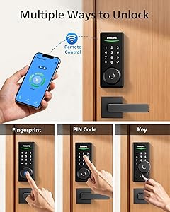Philips Built-in WiFi Smart Lock, Keyless Entry Door Lock with App, Touchscreen, Indicator Light, Fingerprint Door Lock Compatible with Alexa & Google, Splash-Proof Design, Includes 8 Batteries