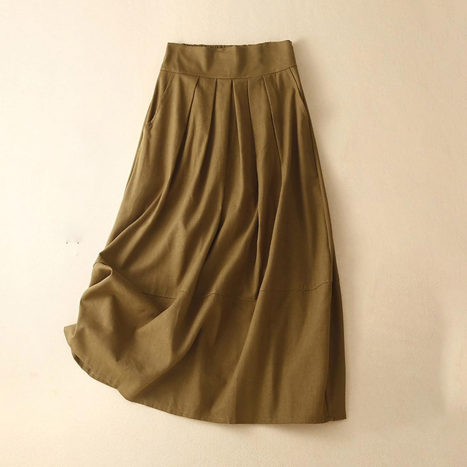 Womens Casual Cotton Linen A Line Skirts High Waist Flowy Business Casual Swing Pleated Long Skirt with Pockets