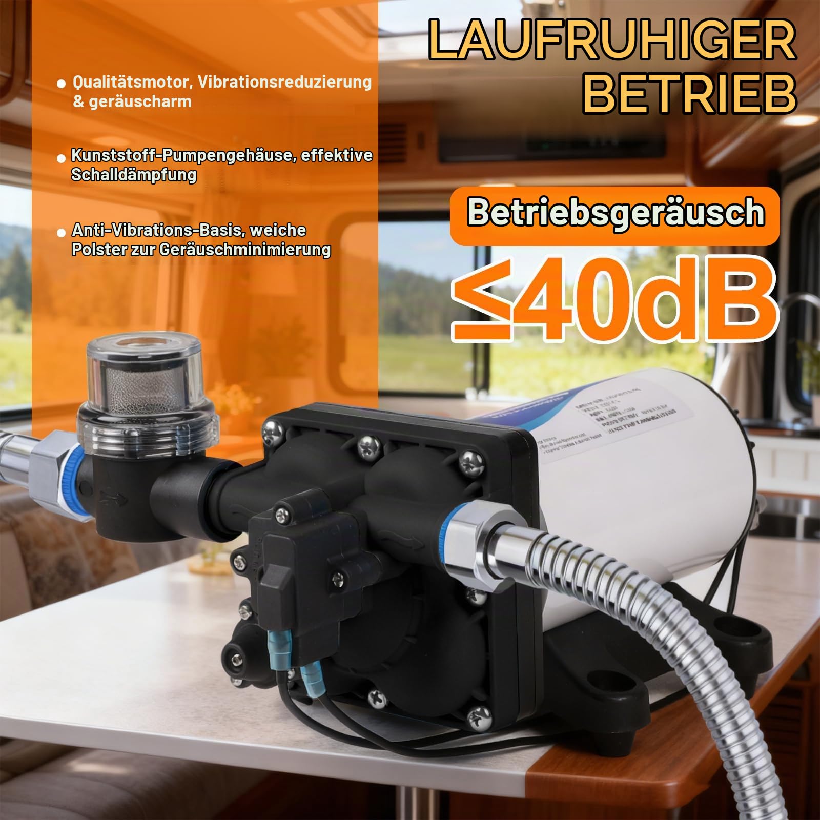 CPROSP Druckwasserpumpe 12v Wohnmobil 17L/min 60W, Membranpumpe Förderhöhe: 40M, Wasserpumpe Selbstansaugend Druckschalter 3.8Bar (55Psi), 4-Kammer-DC-Wasserpumpe für, Yacht, Camper, Marine, IP65