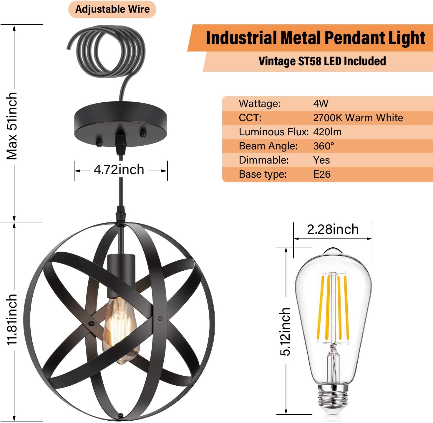 Industrial Metal Pendant Light, 11.8'' Farmhouse Hanging Light Fixtures, Adjustable Chandelier Ceiling Lamp, Spherical Pendant Lighting for Kitchen Island Dining Room, LED Bulb Included, Matte Black - - 