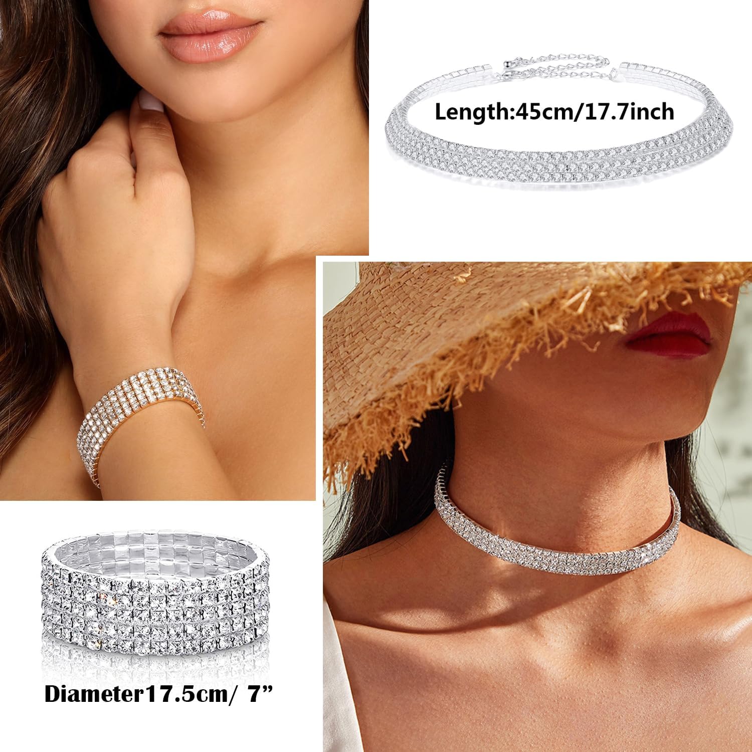 EIELO Rhinestone Jewelry Set for Women Wedding Bridal Triangle Clutch Bag Silvery Clutch Purse Glitter Choker Necklace Tennis Stretch Bracelets Ring Dangle Fringe Earrings Set - Image 4