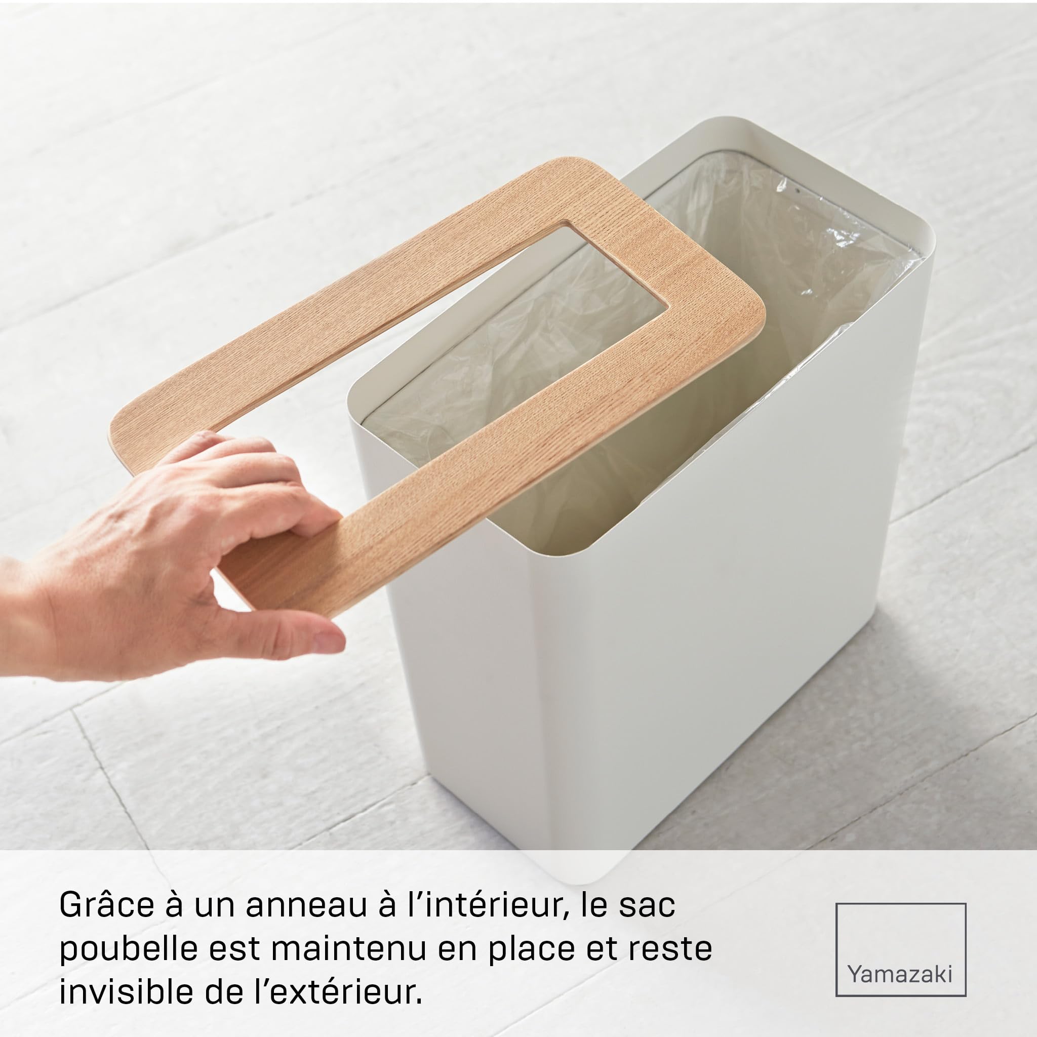 YAMAZAKI RIN Corbeille à papier moderne, 10 L, en acier - couvercle en bois, poubelle de bureau rectangulaire - 28 x 15 x 30 cm, design japonais, blanc