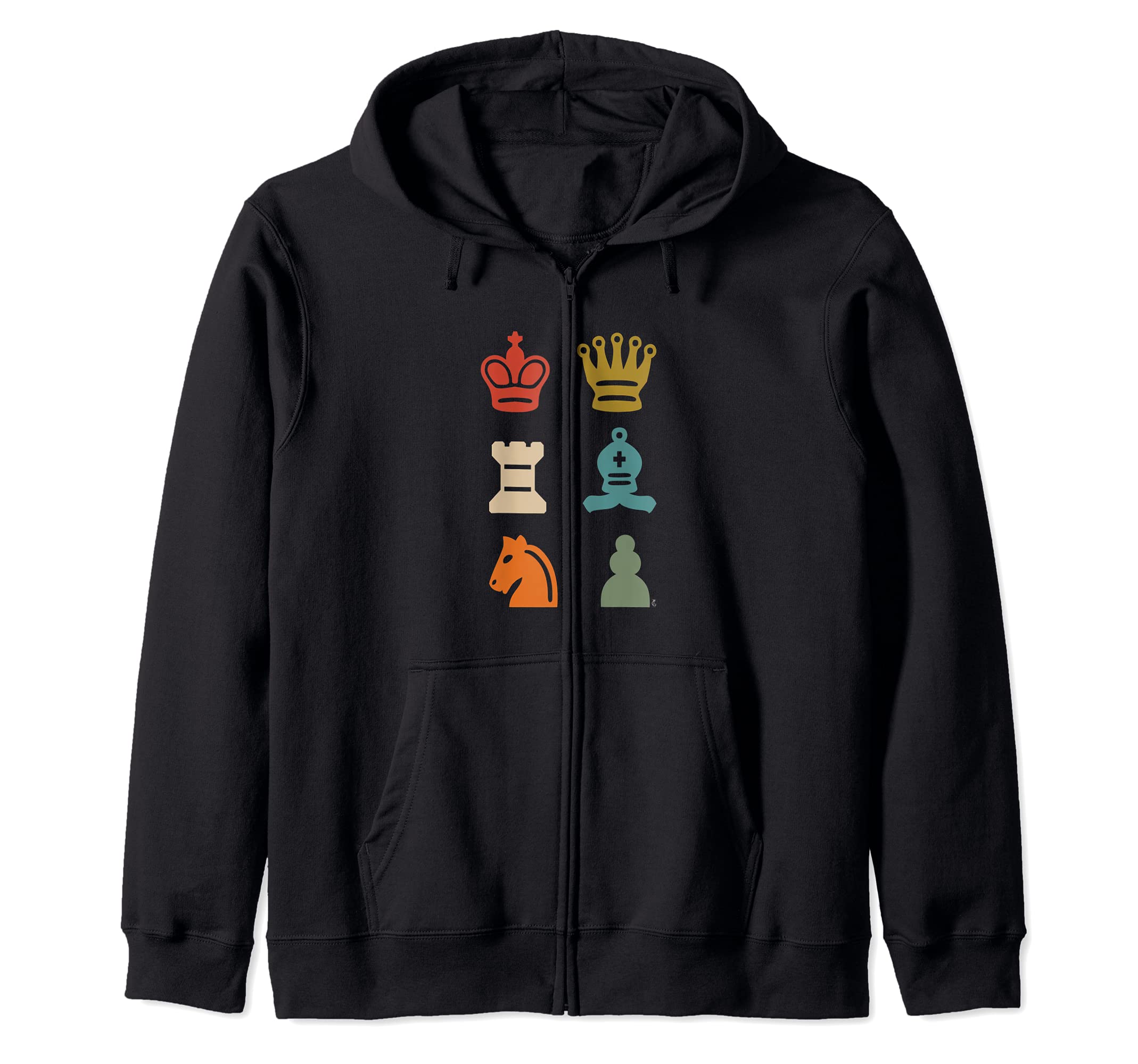 Retro Chess Pieces Checkmate King Queen Knight Rook Zip Hoodie, Black