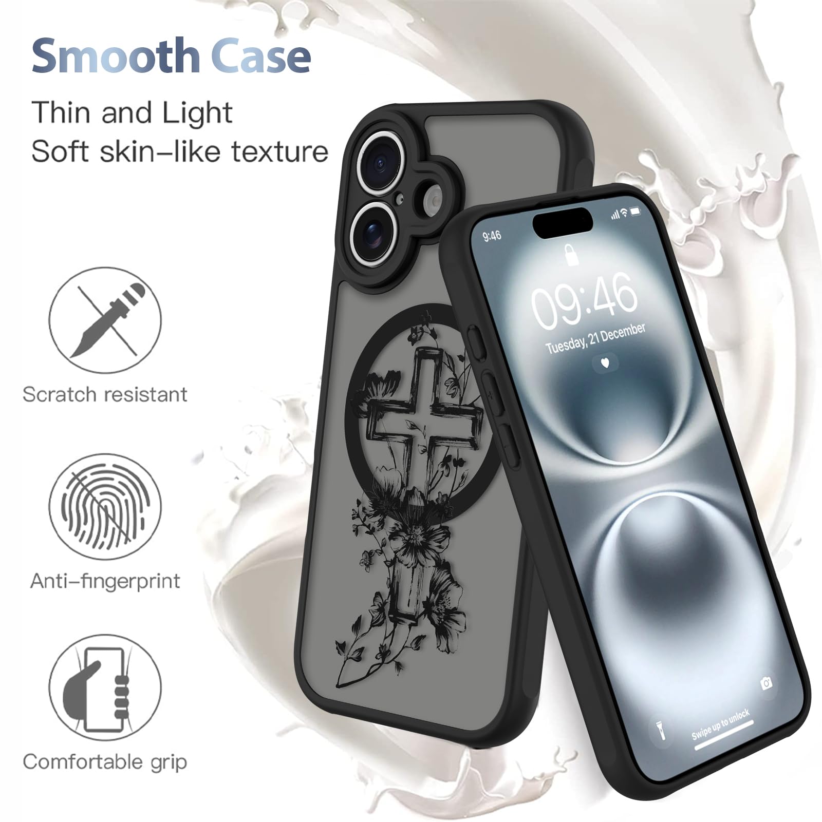 AIGOMARA Custodia magnetica per iPhone 16 Plus - Nero, fiore cristiano | [Compatibile con MagSafe] Cover posteriore rigida in morbido TPU anti-caduta antiurto elegante motivo floreale sottile