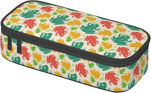 Miniatura 3 de Estuche grande con diseño de ranas coloridas hojas de loto, bolsa para lápices con compartimentos con cremallera, bolsa de lápices de papelería para