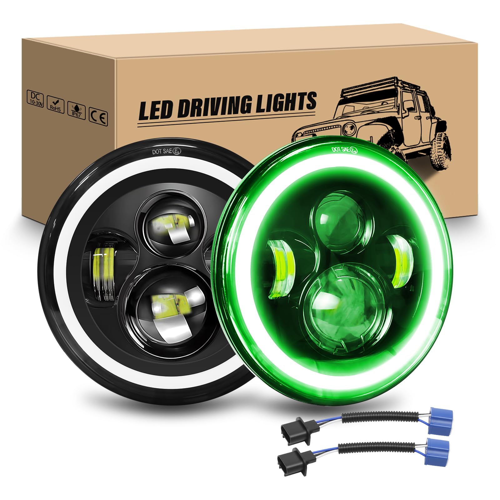 RIGIDON 2 szt. 7 cali, okrągły reflektor LED, 50 W, 5000 lm, biały, zielony, 4 tryby oświetlenia LED Off Road DRL HI LO Beam dla Wrangler JK TJ LJ CJ JP Hummber