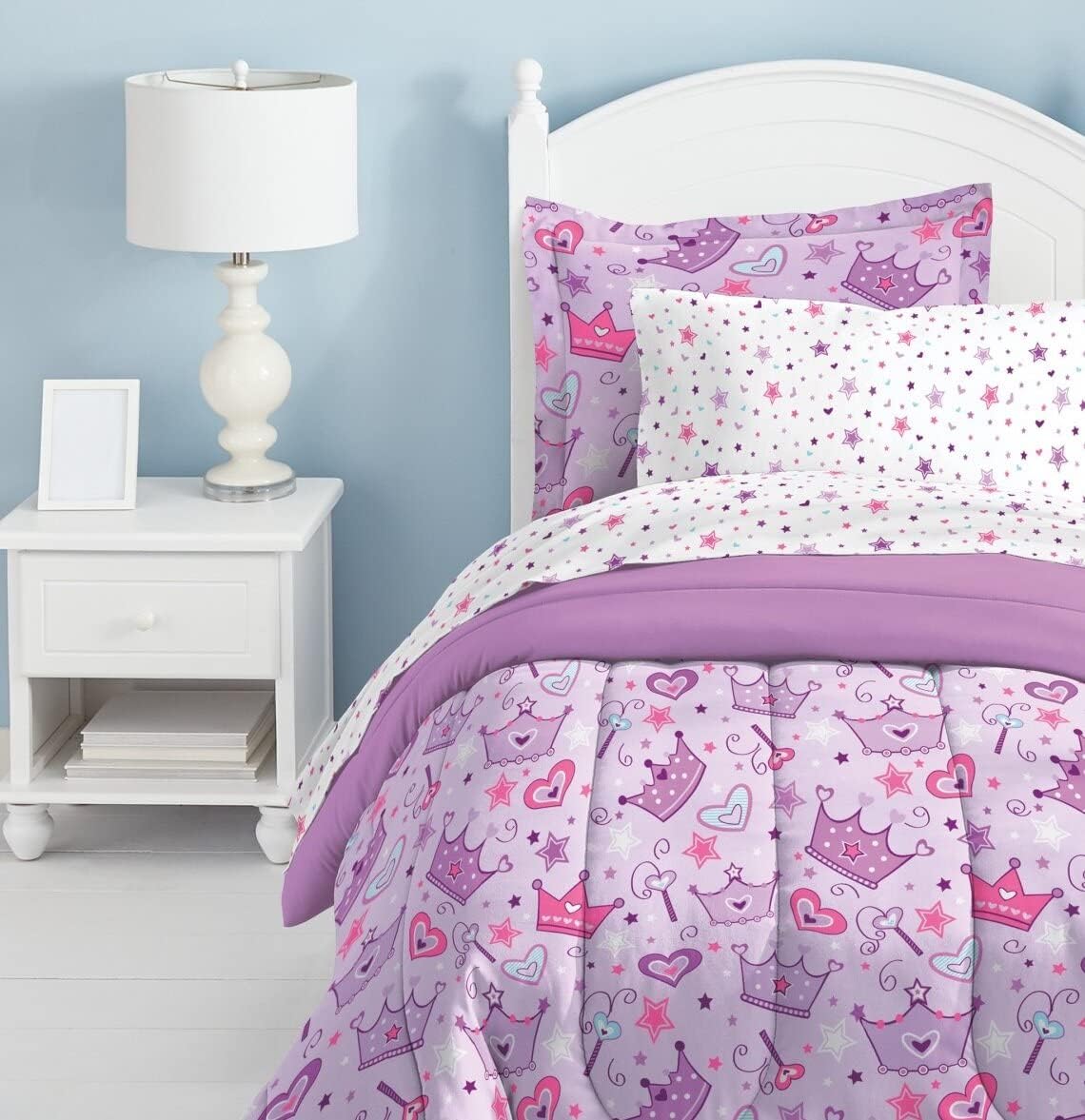 Dream Factory Kids 5-Piece Complete Set Easy-Wash Super Soft Comforter Bedding, Twin, Multi-Colored Purple Princess Hearts and Crowns