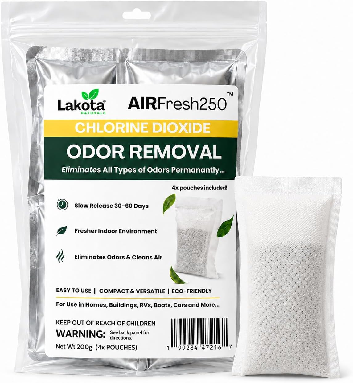 AirFresh250 - Slow Release Chlorine Dioxide Air Purifing Pouch - 4 Pouches. Eliminates all Odors, Professional Strength Odor Remover for Car, RV, Garbage, Refrigerator, Shoes, Closets, Gymbags.