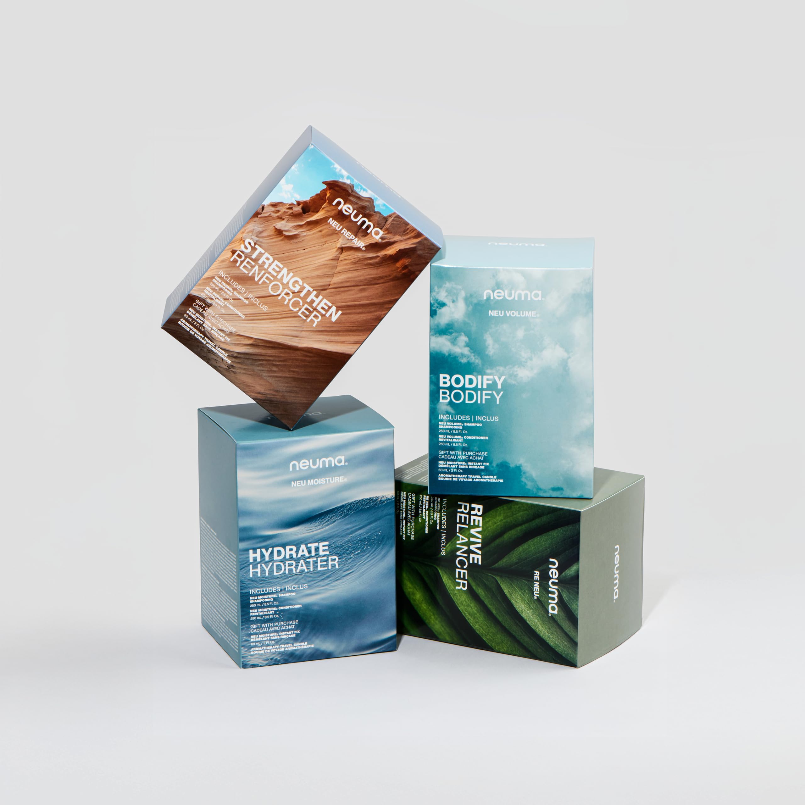 NEUMA Glow Strong. Glow Bright. Hydrate Gift Set. Neu Moisture 8.5 Fl Oz. Shampoo and Conditioner + 2 Fl. Oz. Instant Fix + Aroma Therapy Travel Candle