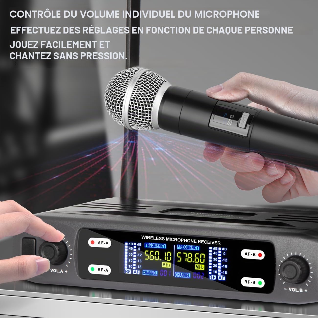 Depusheng Système de Microphone Sans Fil, Ensemble Sans Fil VHF avec Fréquence Double Fixe et 2 Émetteurs Portables Dynamiques, Ensemble de Microphone Sans Fil pour Chant, Karaoké, Église, DJ, Portée