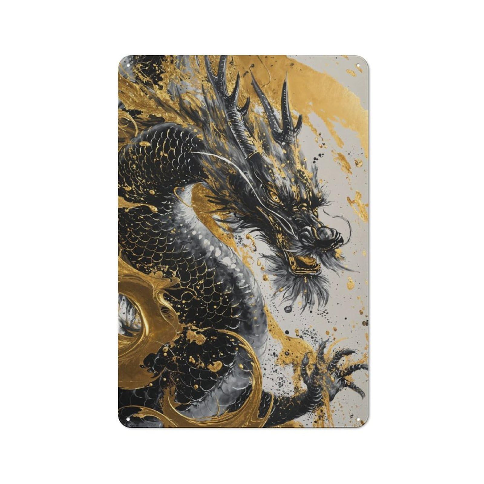 Nostalgic Decorative Tin Plaque 30x20cm Featuring Chinese Dragon Gold Ink, Classic Pub Decor for Cafe, Pub, Workshop Or Home Bar
