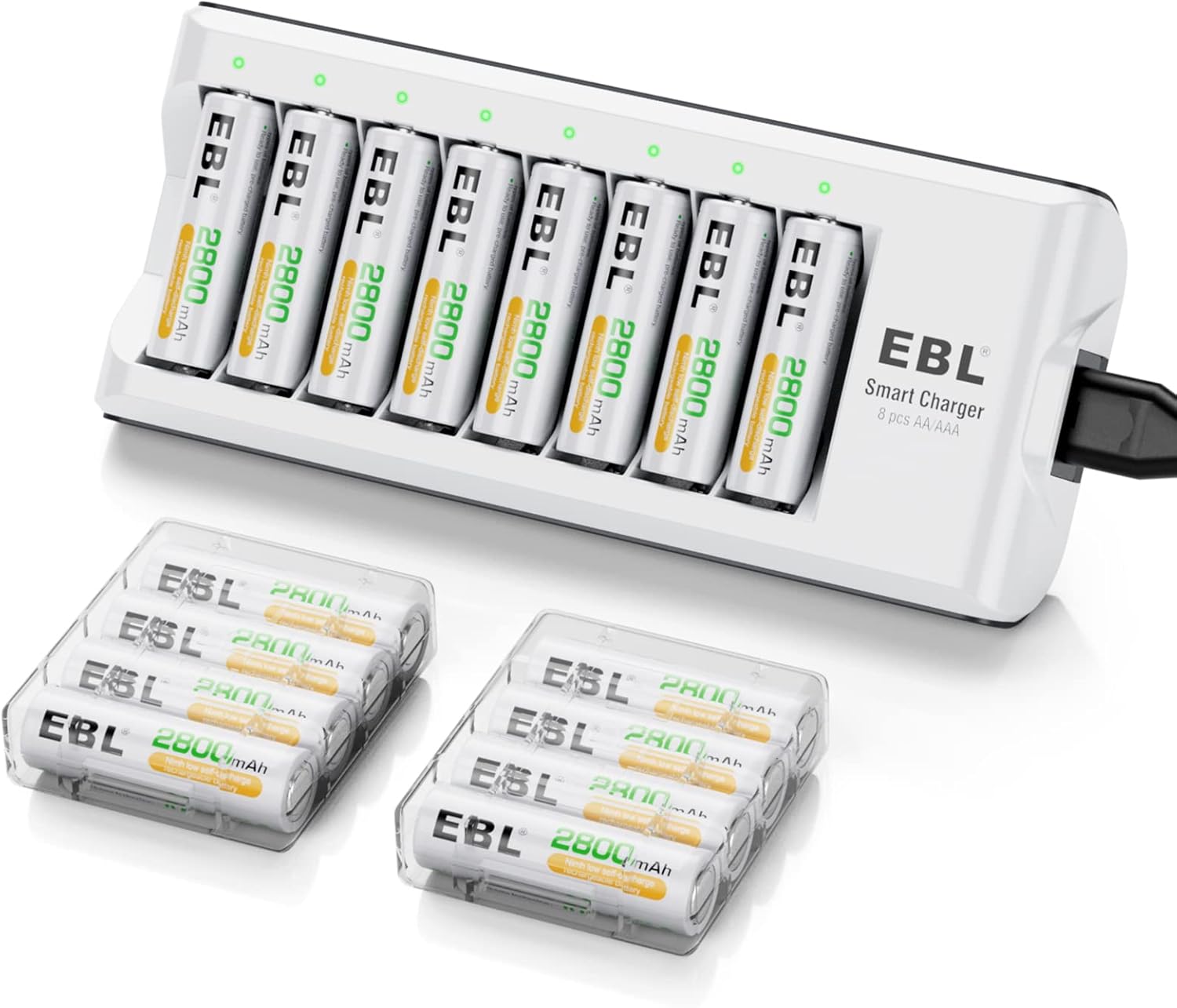 EBL Chargeur de Piles AA/AAA 8 Slots avec 16PCS AA Piles Rechargeables 2800mAh Haute Capacité