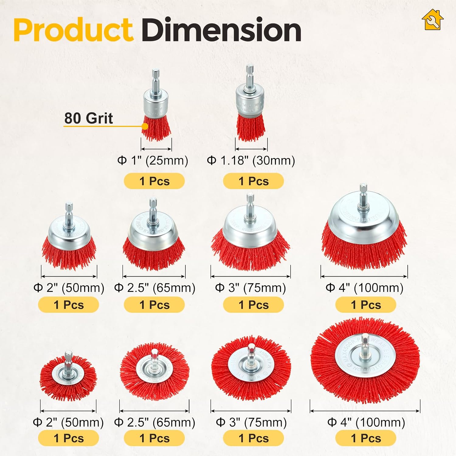 10pcs Wire Brush for Drill Kit, 1/4in Shank, Nylon, 80 Grit, 1-4in image 2