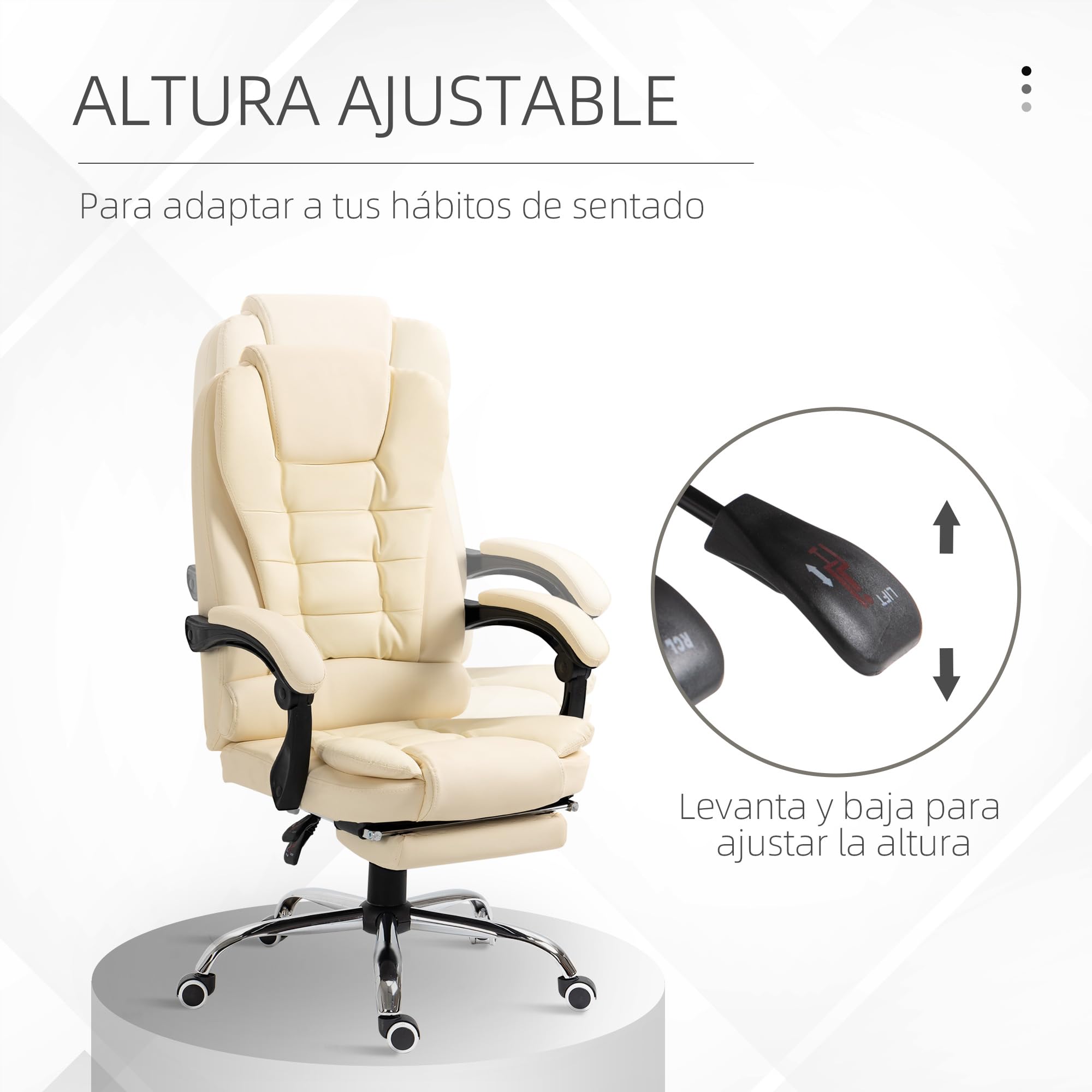 HOMCOM Silla de Oficina Reclinable con Reposapiés Altura Ajustable Crema | Silla de Escritorio Giratoria, Tapizada en PU, con Reposabrazos, para Estudio