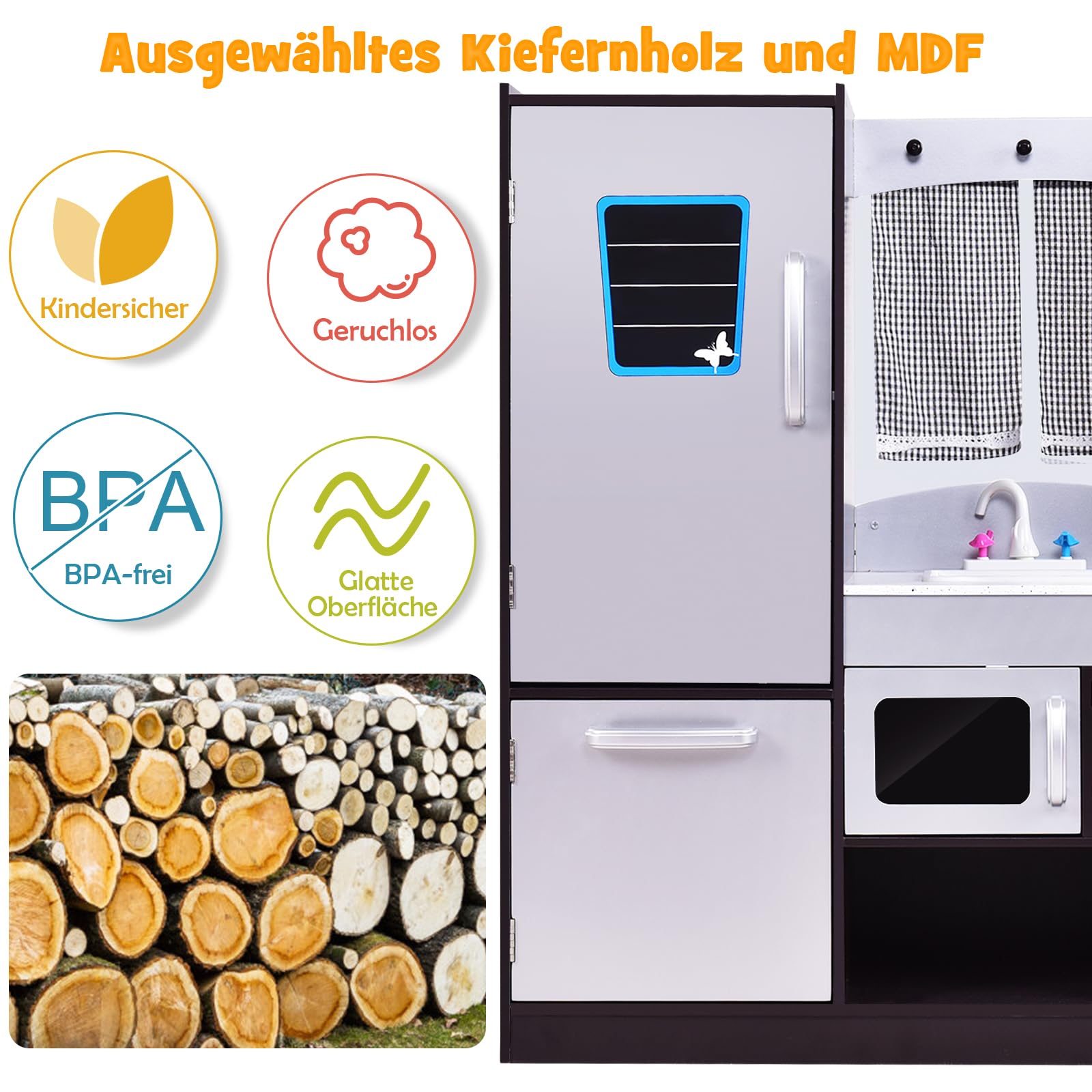 DREAMADE Moderne Kinderküche mit Spüle Herd Backofen Kühlschrank Mikrowelle, Kinderspielküche, Spielküche aus Holz für Kinder ab 3 Jahren kaffeebraun