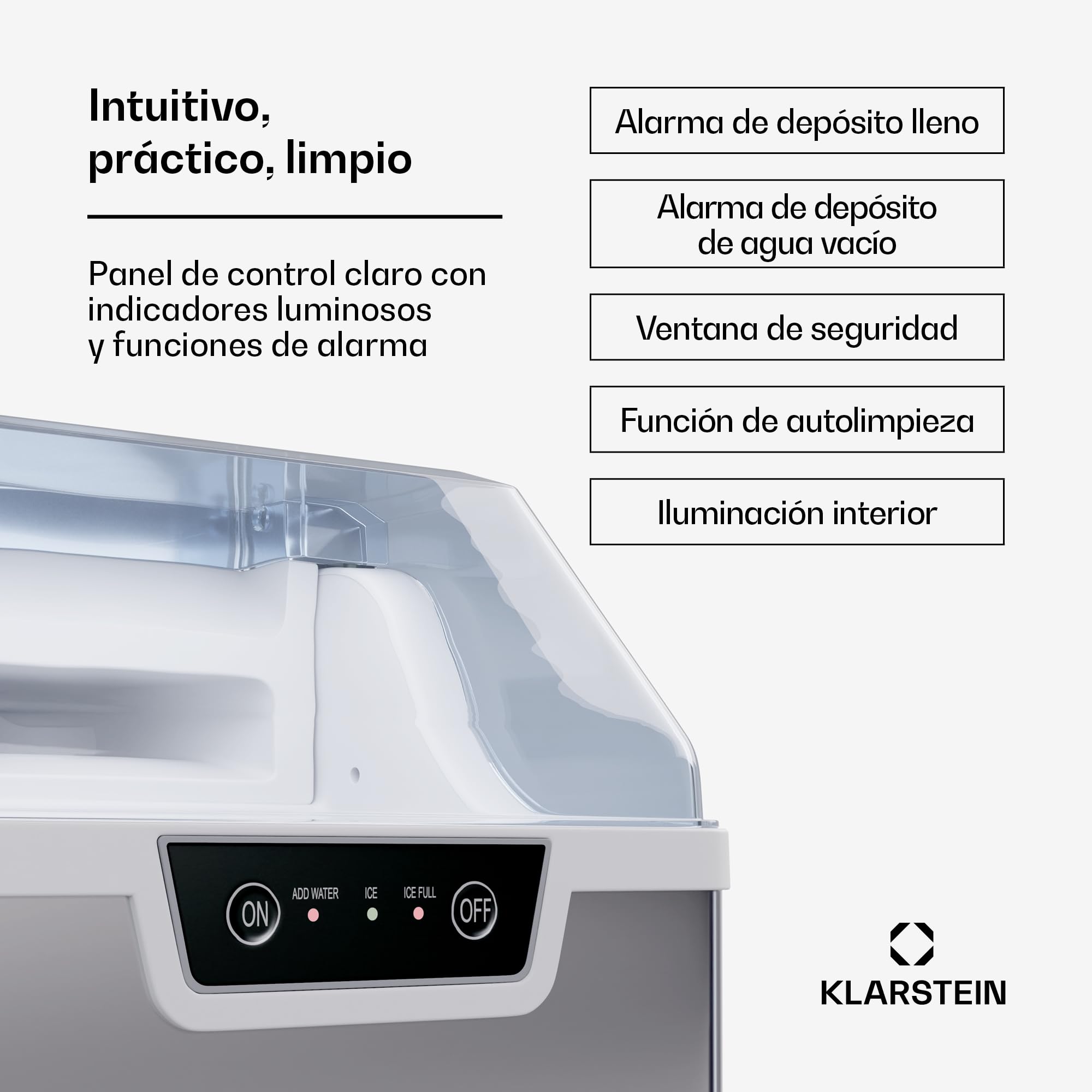 Klarstein Maquina de Hielo para Casa 200W, Ice Maker 15 kg, Maquina para Hacer Cubitos de Hielo Portátil Domestica para Casa Rápida, Ice Maker Machine con Alarma Seguridad
