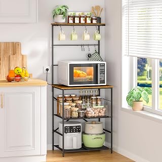 DAOUTIME 4-Tier Farmhouse Coffee Bar Station with 8 S-Hooks - Kitchen Bakers Rack Shelf, 23.62"W x 57.13"H Large Storage Stand