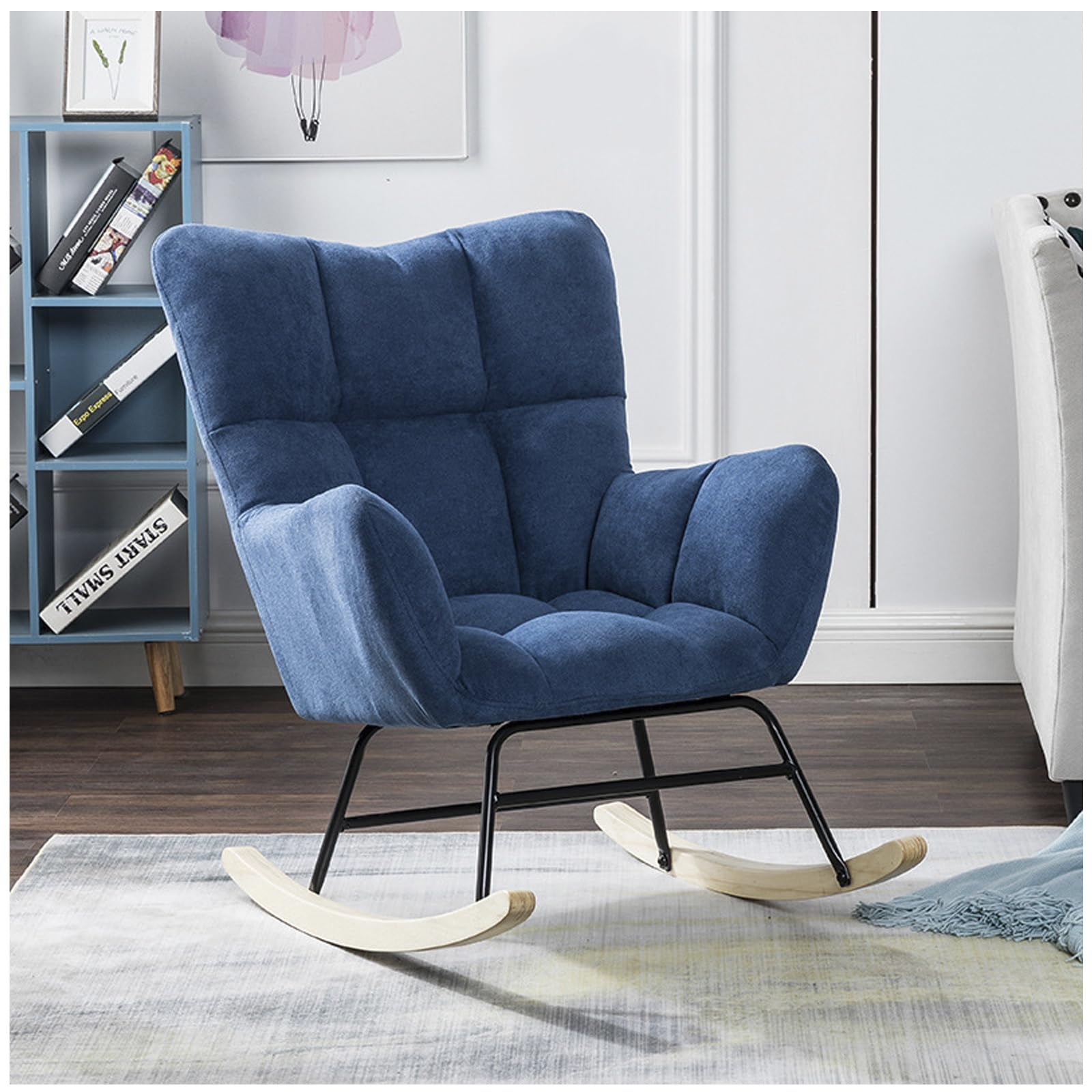 Sedia A Dondolo, Poltrona A Dondolo Allattamento Imbottita Comoda con Schienale Alto, Poltrona Relax Moderna Poltrona da Lettura per Soggiorno,Camera da Letto,Balcone,Blu