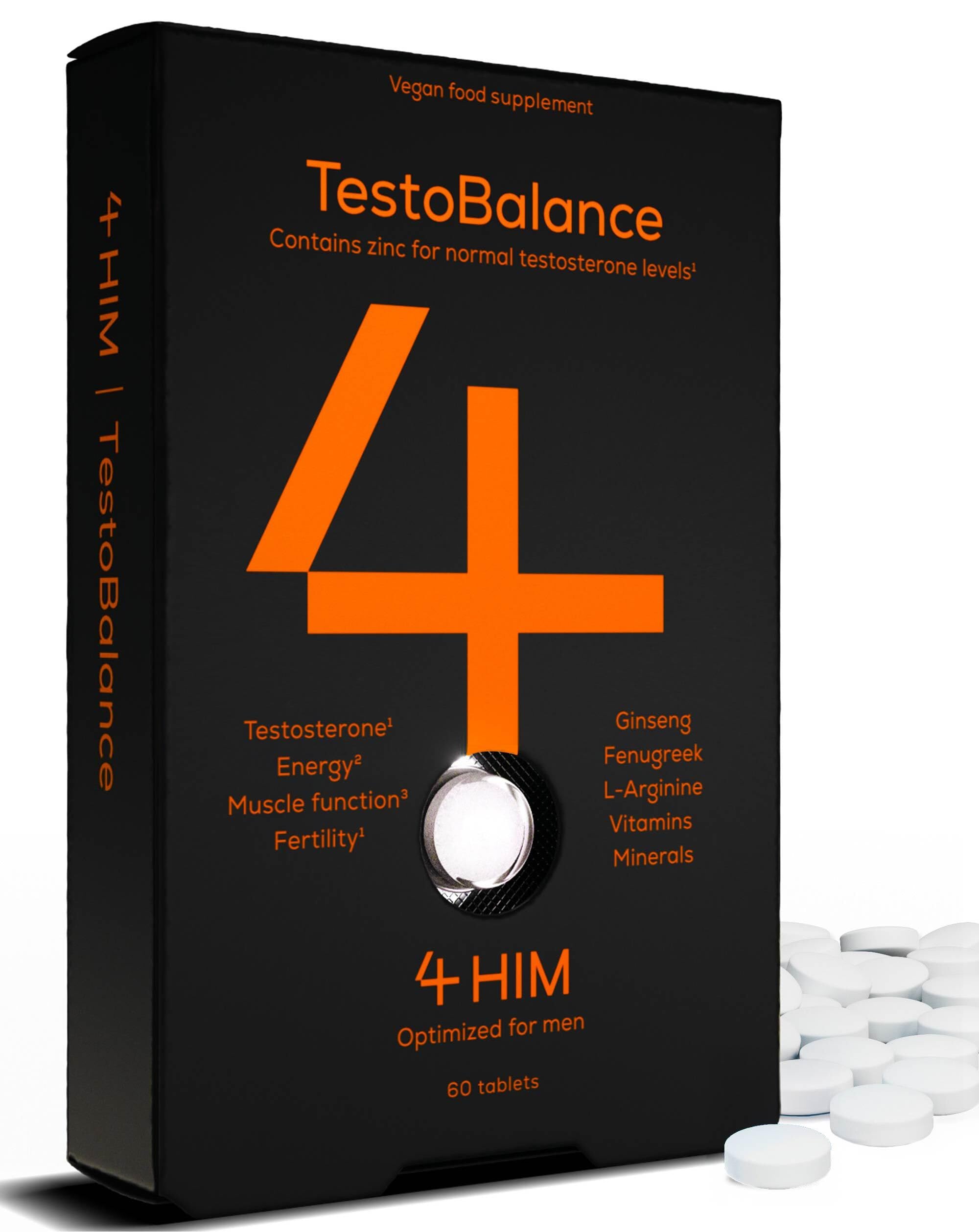 4 HIM TestoBalance - Testosterone Supplements for Men - with Zinc + Magnesium + B6 Complex, L-Arginine, Ginseng & Fenugreek - Energy & Muscle Function - 60 Vegan Tablets