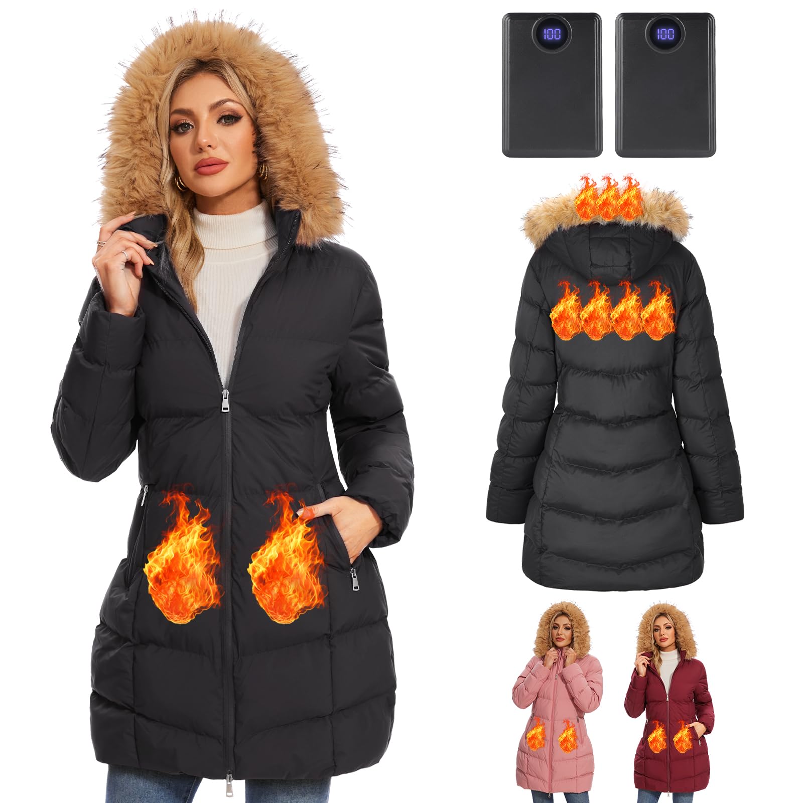 Women heated jacket with 2Pcs 12000mAh batteries heated coat with faux fur hood