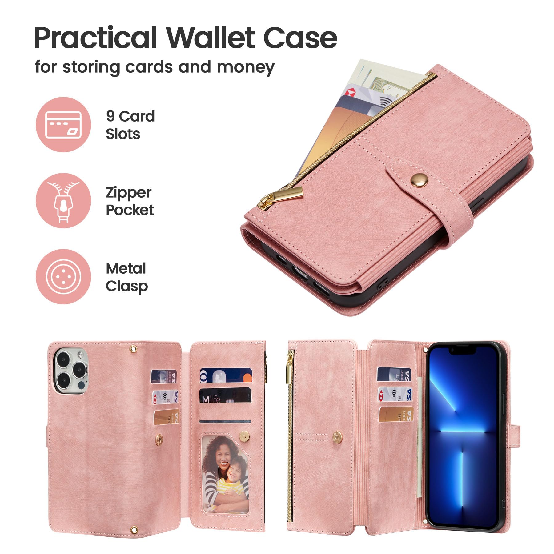 ZCDAYE Custodia Portafoglio Per IPhone 14 Pro Con 9 Scomparti Per Carte E Tasca Con Cerniera - Cover In Pelle PU E TPU Con Cinturino Da Polso E Funzione Supporto, Nero