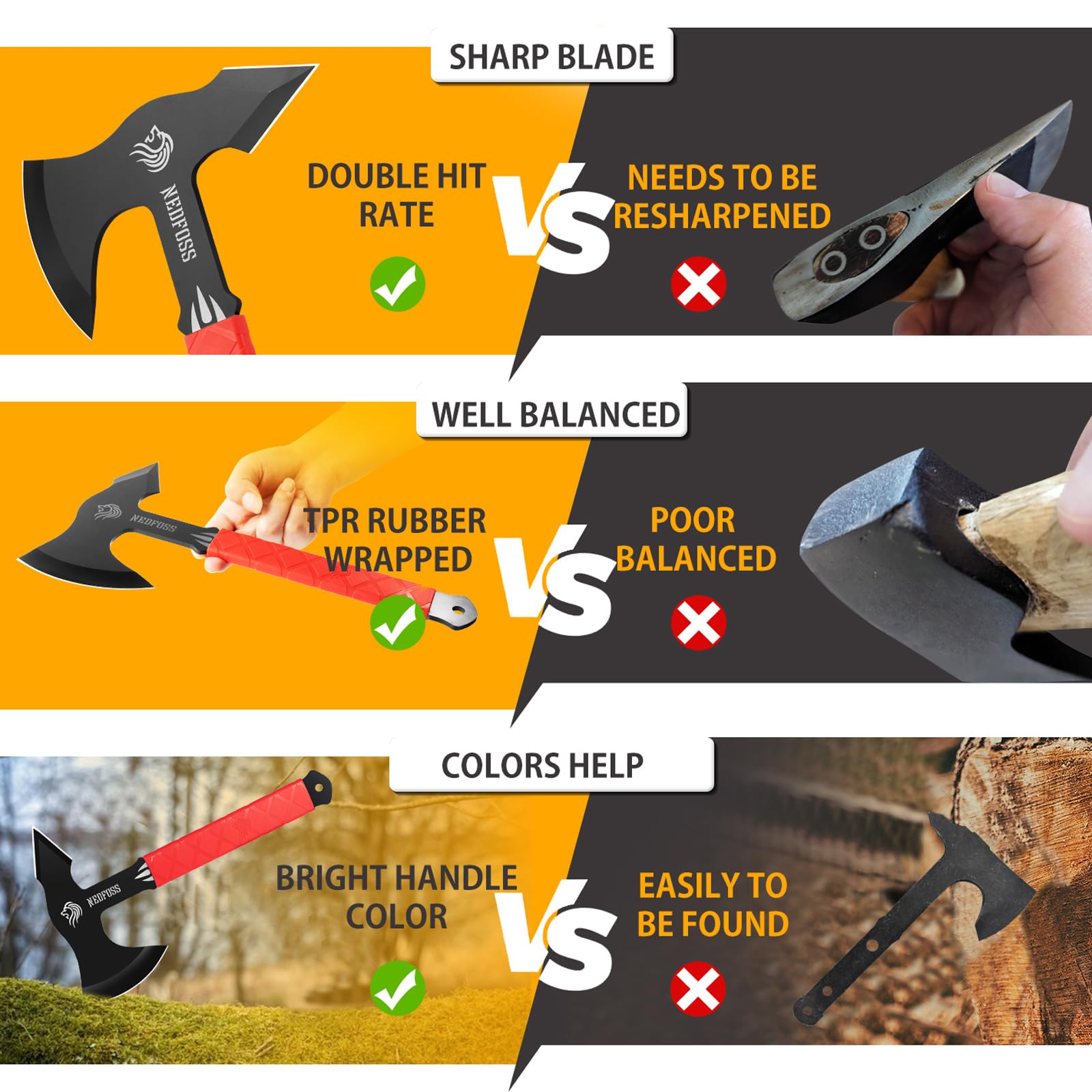 NedFoss Bear Throwing Axe Set with TPR Handle, Throwing Products Pack of 3,11.7“ Full Tang Throwing Axes for Axe Throwing Game, Throwing Game for Recreation and Competition